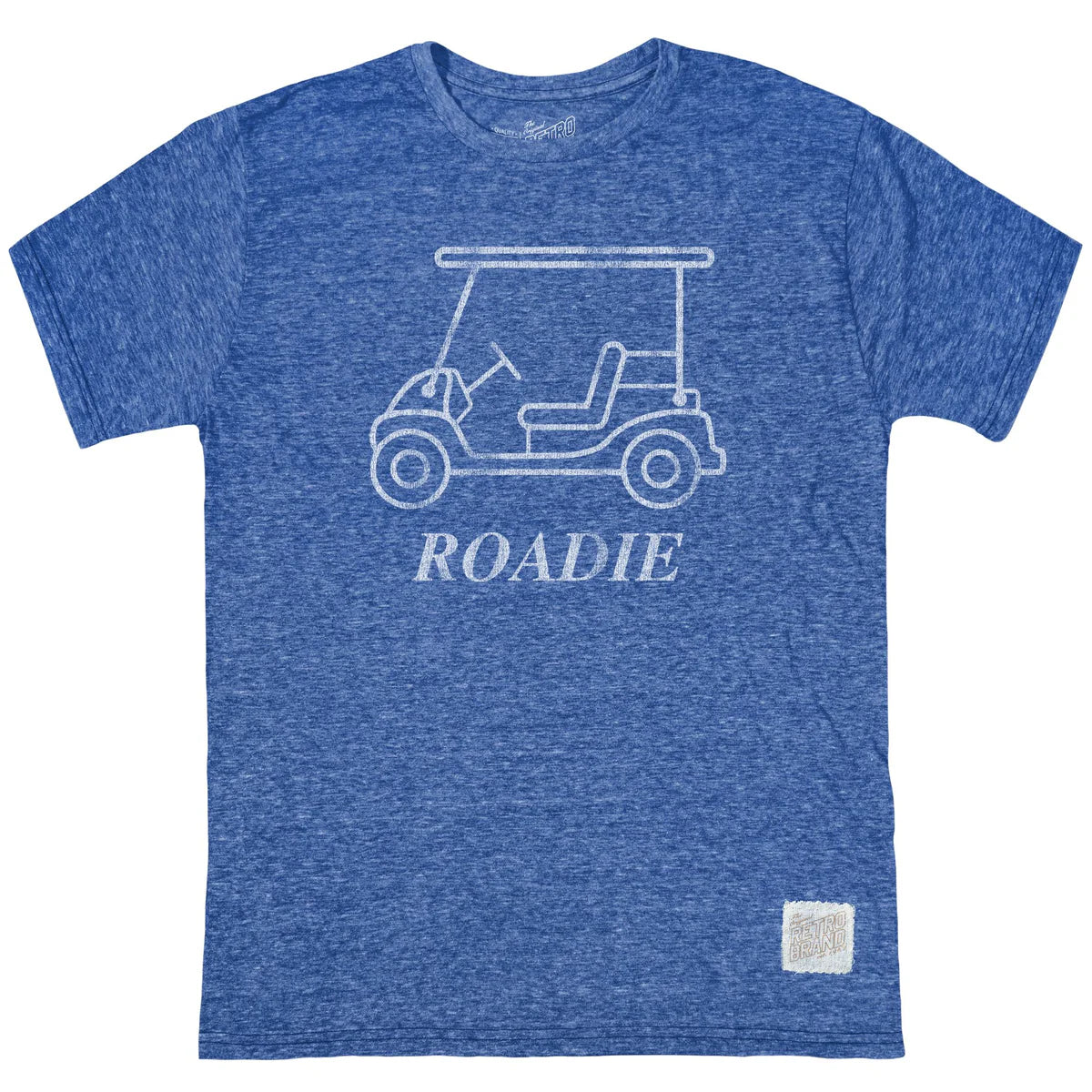 The Roadie Tee in Streaky Royal by Original Retro Brand is a tri-blend unisex shirt with a soft feel, featuring a white golf cart outline and "ROADIE" text on the front.