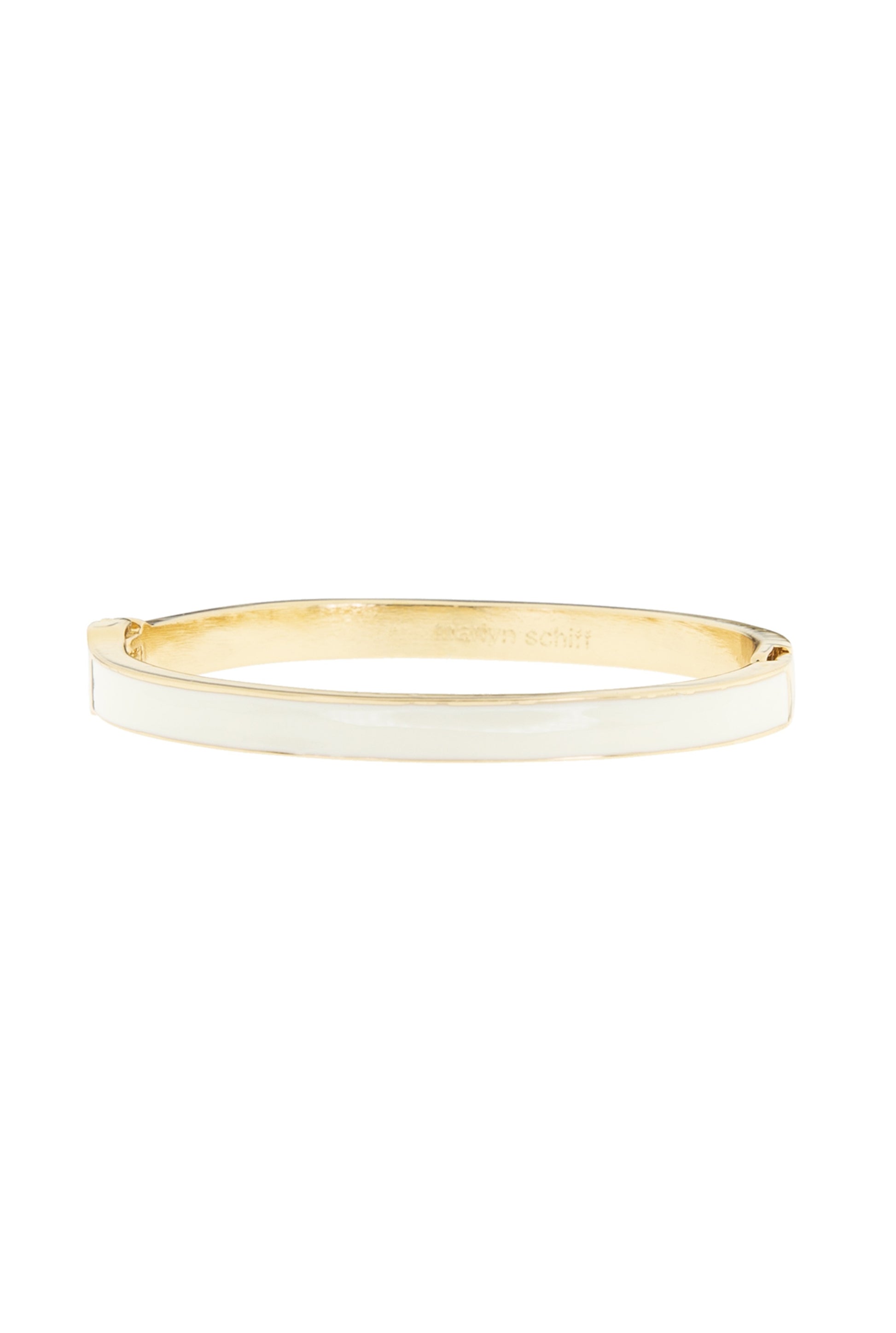 The Marlyn Schiff Metal Hing Bracelet With Enamel features a glossy white finish and secure hinge closure, shown against a plain white background.