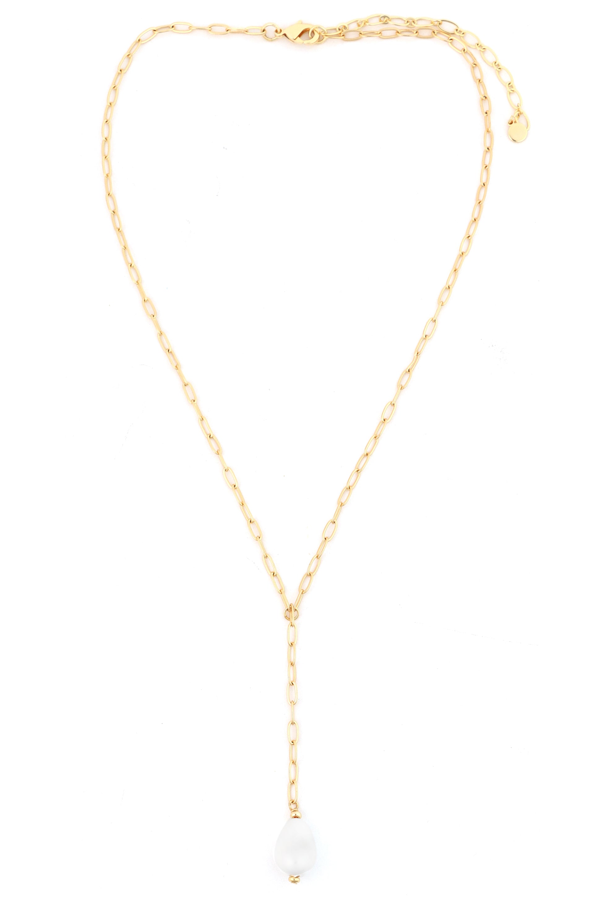 The South Moon Under Gold Y-Neck with Pearl Drop features oval links, a white pearl drop pendant, and an adjustable clasp for a perfect fit. This elegant gold accessory adds a touch of sophistication to any look.