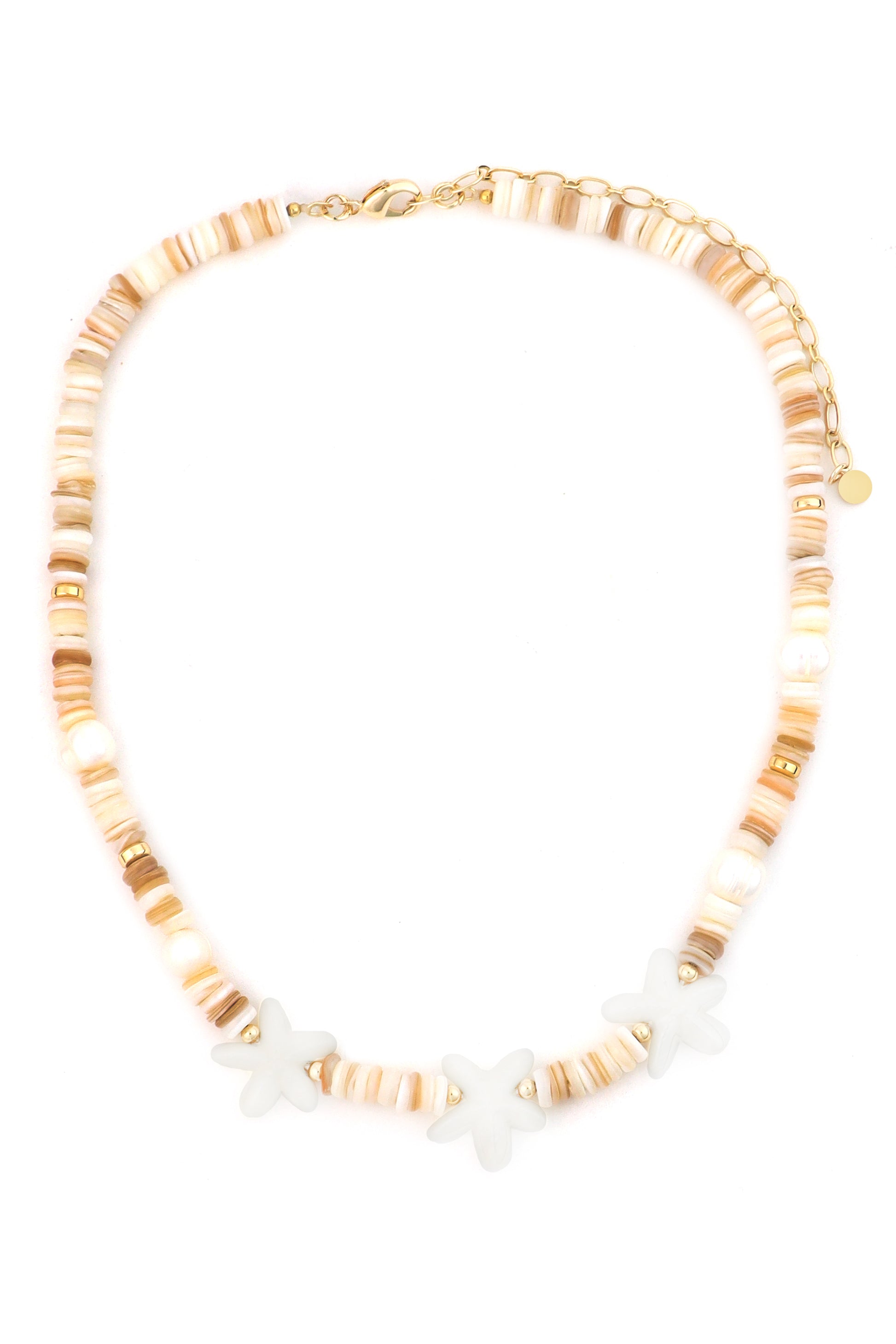 The South Moon Under Natural Stacked Stone Starfish Necklace features gold accents and three white star-shaped charms, inspired by starfish, with light brown and cream beads for a delicate look.