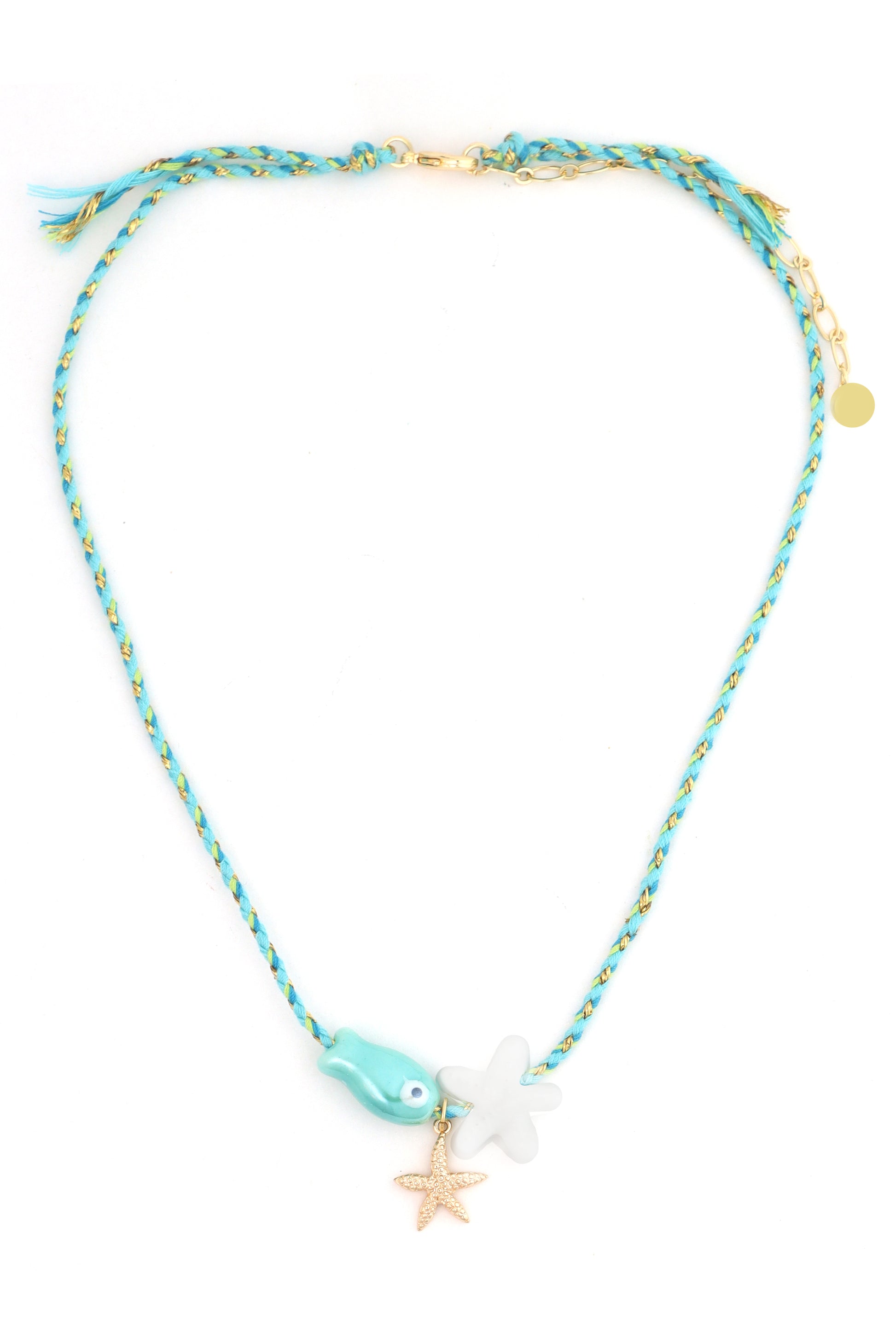 The 16 In Neck Crochet With Charm Oceanbl by South Moon Under features ocean-inspired charms and an adjustable clasp, all woven with teal crochet for a stylish coastal look.