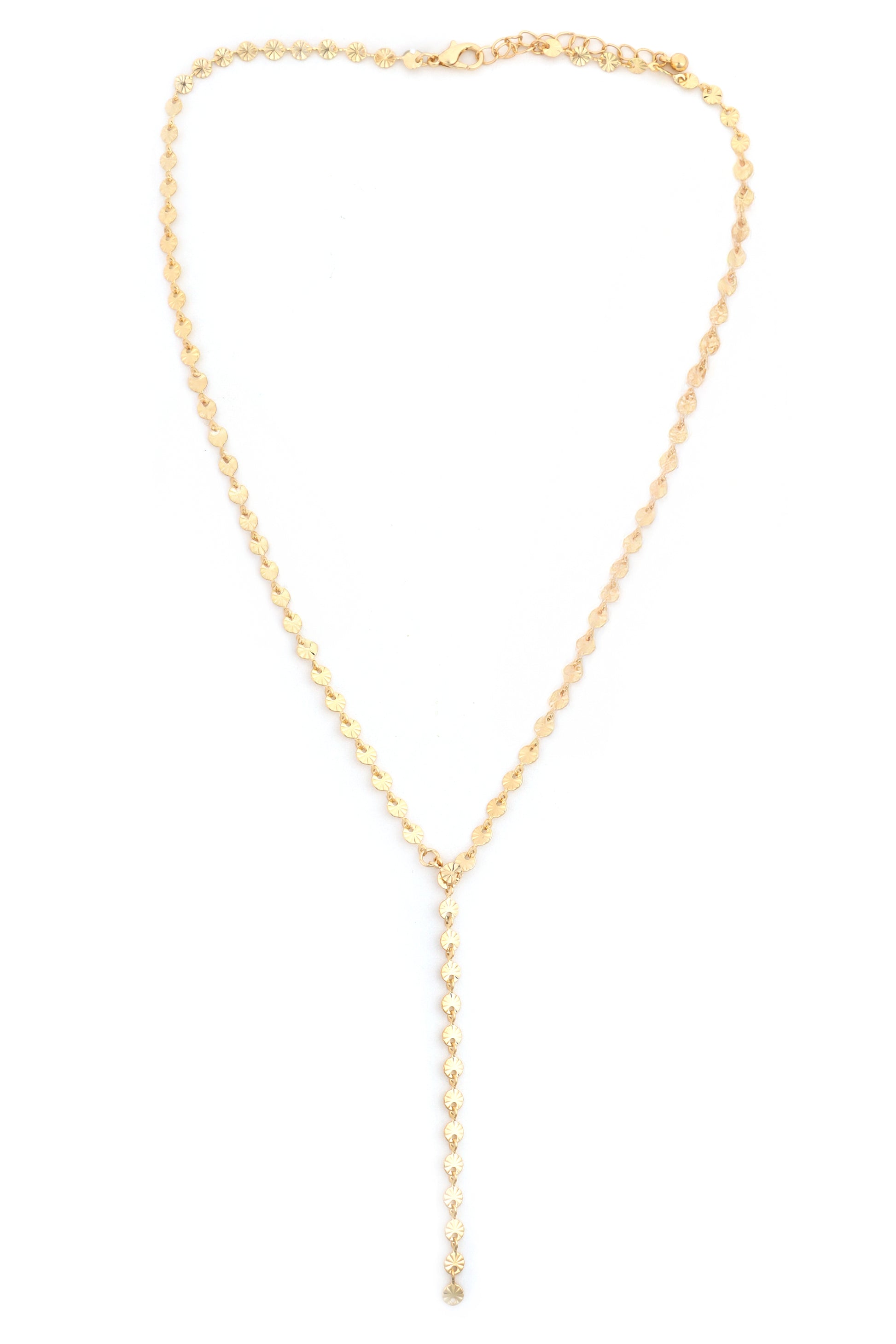 The South Moon Under 18-3 In Neck Y Burst Disc Chain in gold features small, evenly spaced links in a Y-shape with a vertical drop. This 18" gold necklace includes an adjustable clasp for the perfect fit.