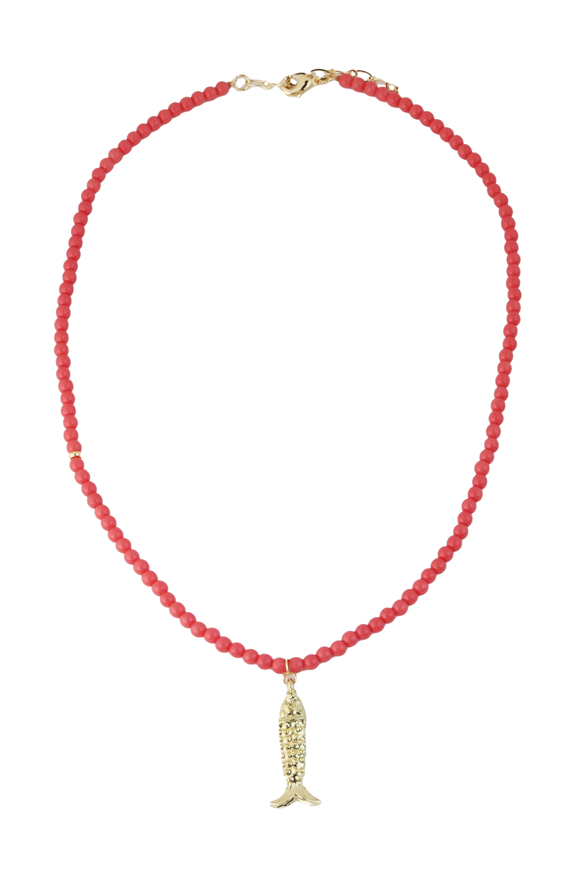 The South Moon Under 18 In Neck Gold Fish Charm features small red beads and a gold fish-shaped pendant, perfect for anyone seeking a unique, colorful necklace.
