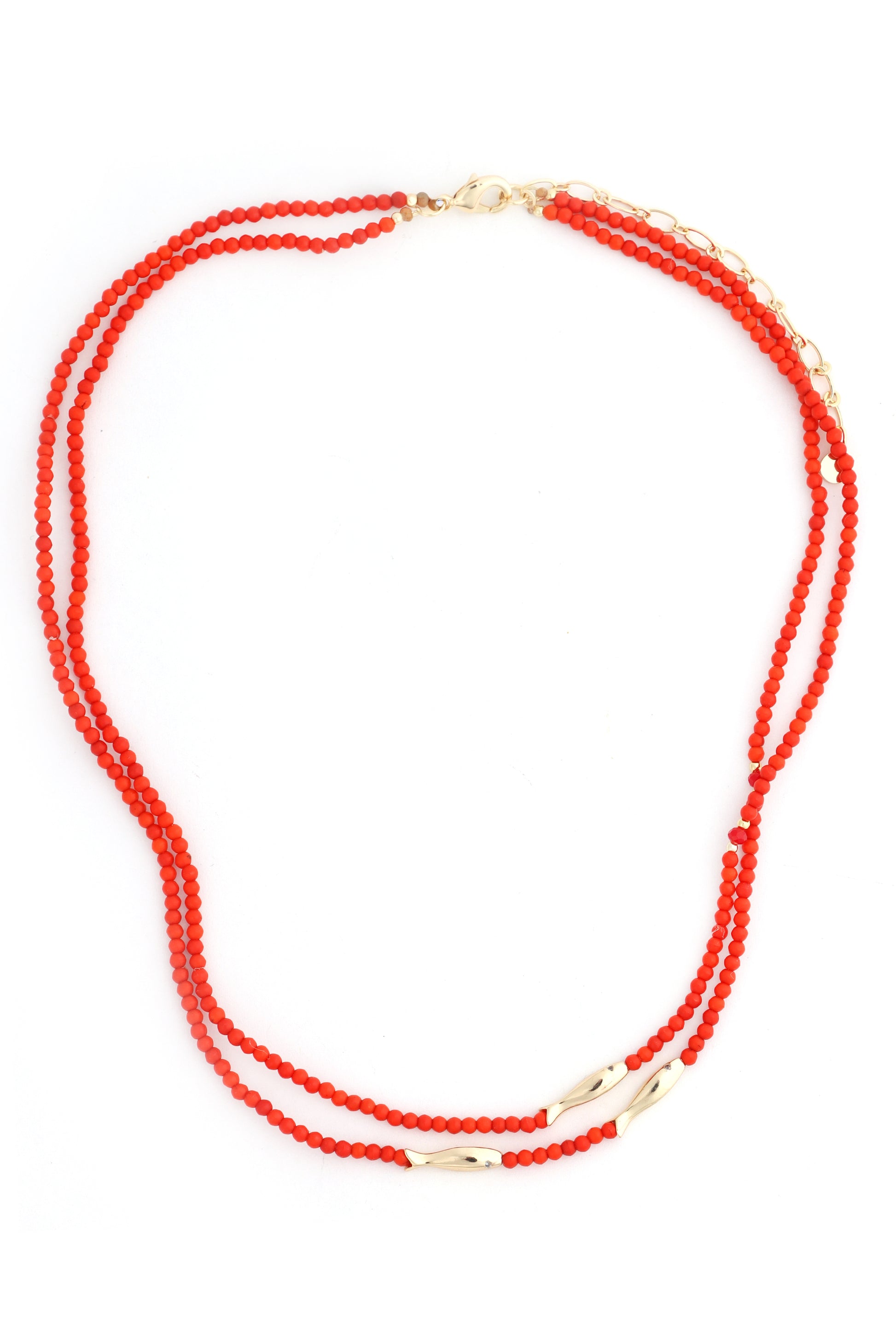 The South Moon Under 16 In 2layer Neck Gold Inlay Fish Charm features two strands of bright red beads, gold oval accents on one strand, and a secure gold chain clasp for a delicate touch.