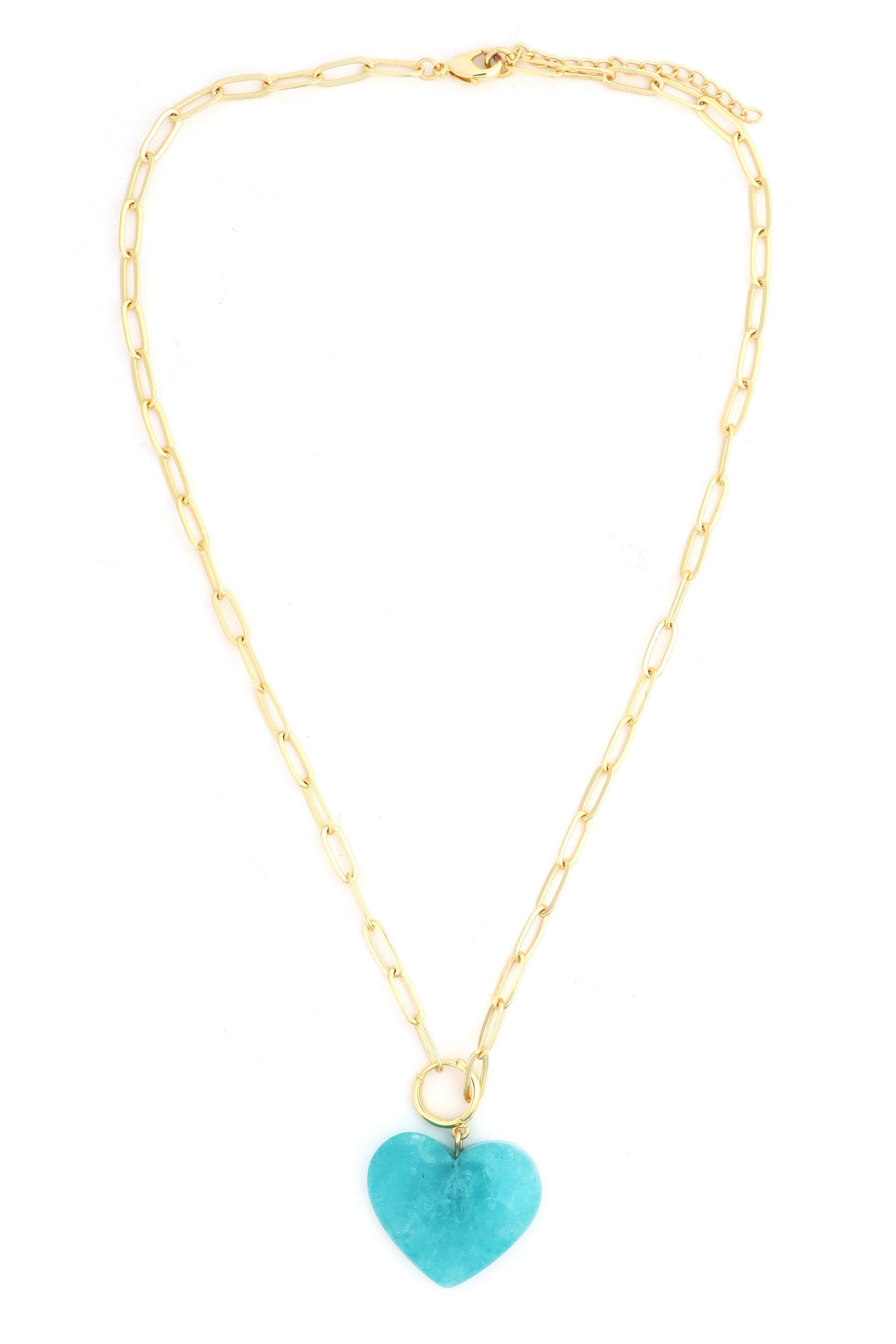 The South Moon Under 17 In Neck Stone Heart Size Avg 30x2 features a light blue heart stone pendant on gold-plated elongated oval links with a lobster clasp, displayed on a white background.