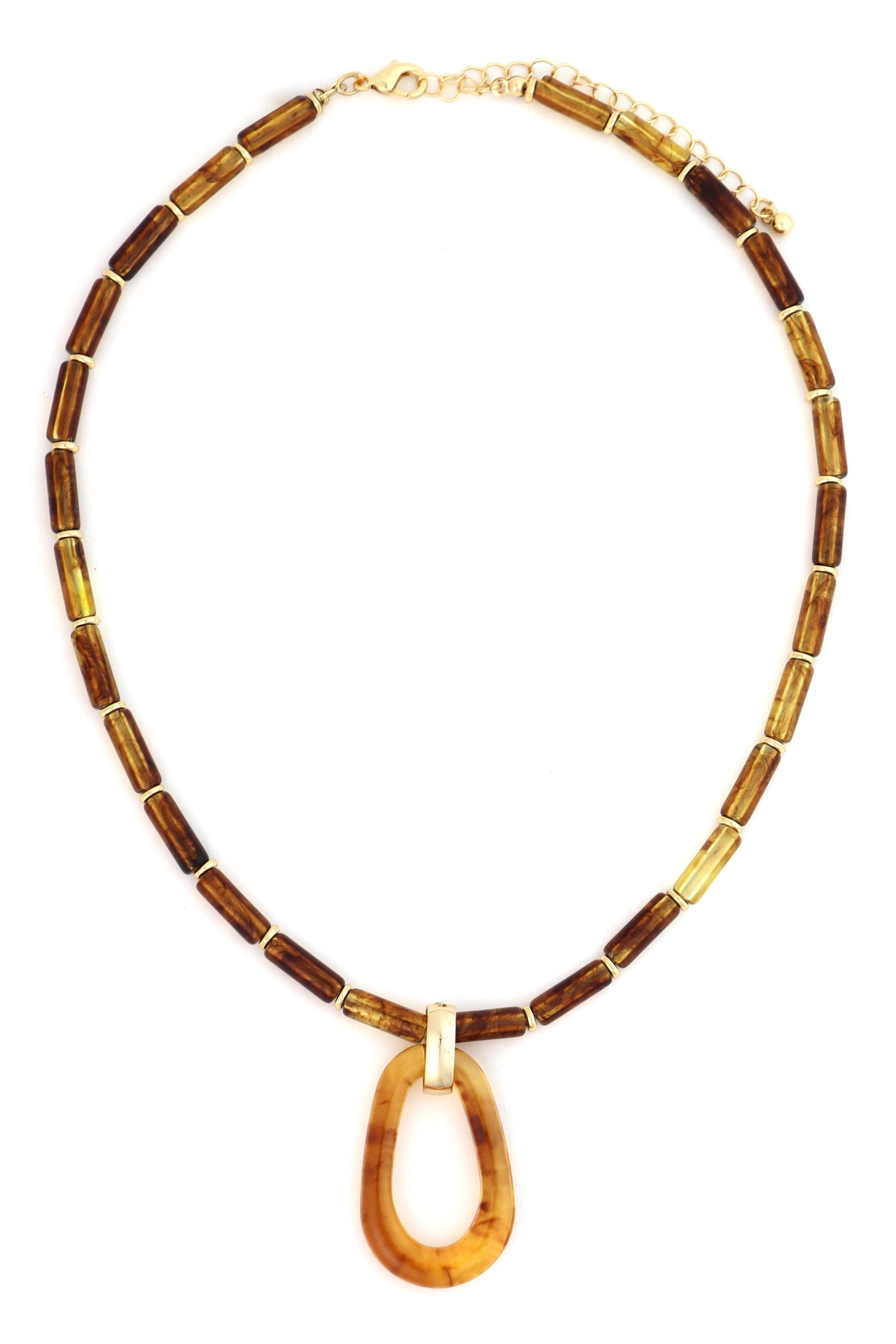 The South Moon Under Resin Collar Pendant Necklace features cylindrical gold and amber-toned beads and a large oval resin pendant at the center, all set in elegant gold plated brass.