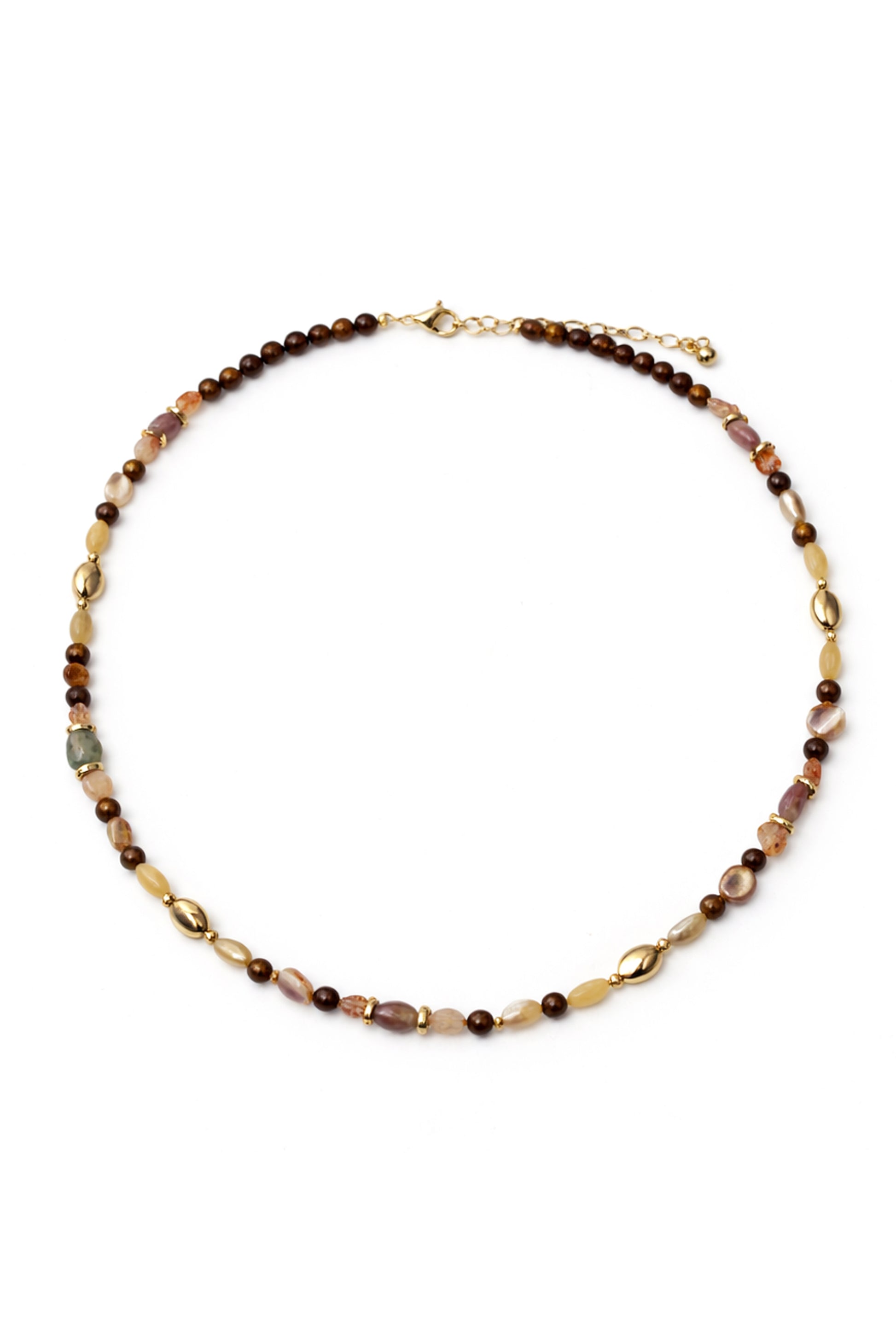 The Everything Stone Necklace by South Moon Under features brown multi-colored beads in various shapes and sizes, arranged symmetrically with a gold adjustable clasp.