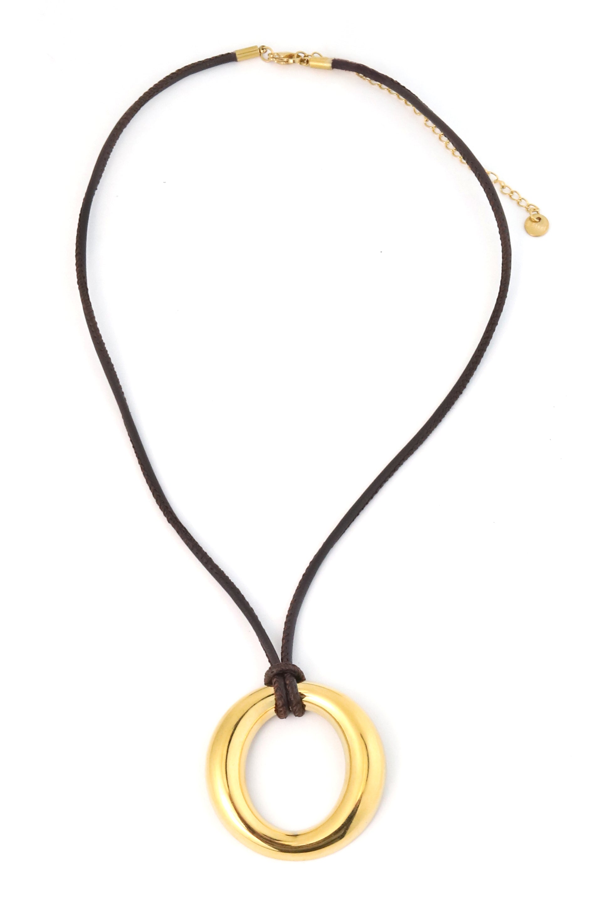 The South Moon Under Faux Leather Cord Open Pendant Necklace in gold features two interlocking gold-plated brass ovals and a gold clasp with adjustable chain.