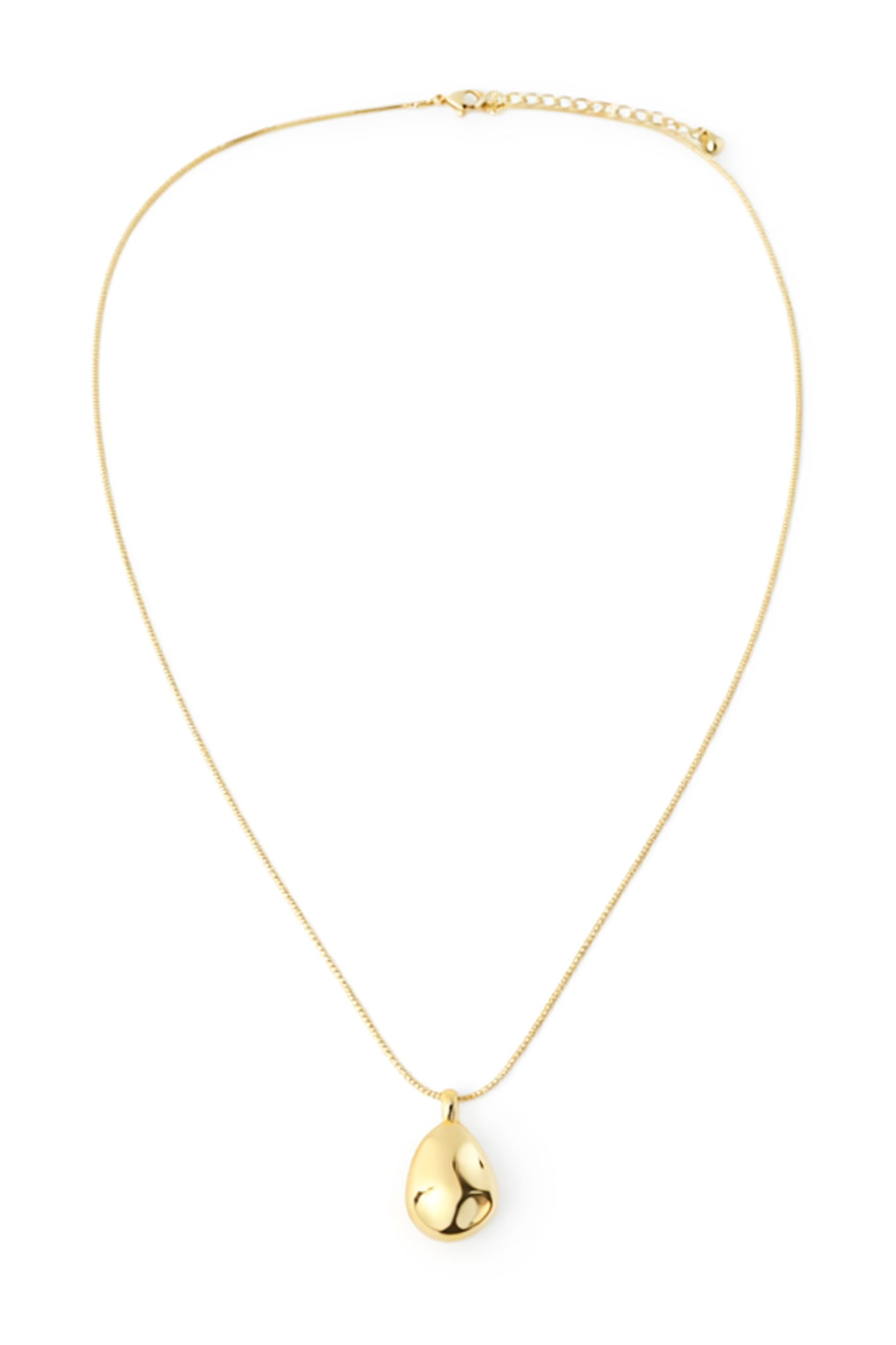 The Gold Drop Necklace by South Moon Under is a delicate 20-inch gold piece featuring a polished, teardrop-shaped pendant, elegantly presented against a white background.