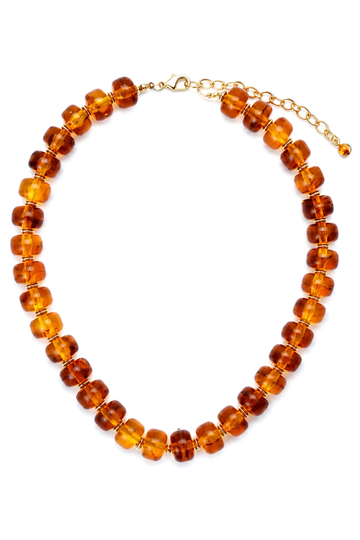 Amber resin beads strung on gold-tone chain with adjustable clasp closure.