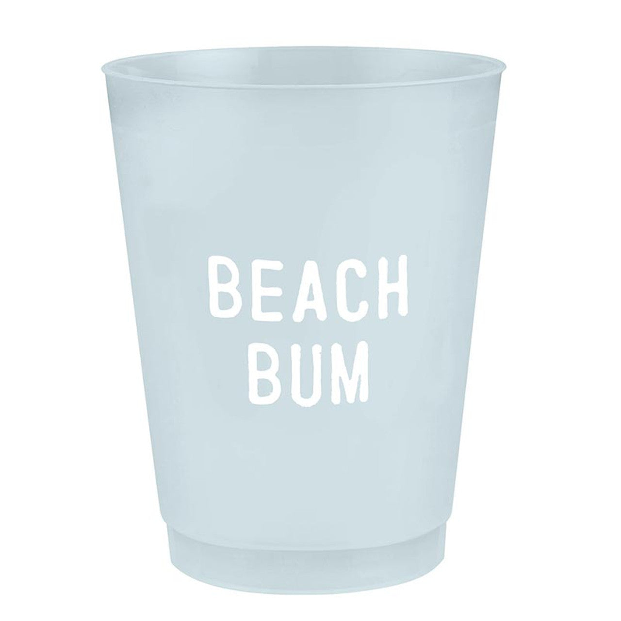 Santa Barbara Design Studio Beach Bum Frosted Cups 8 Ct feature bold white "BEACH BUM" text on blue reusable cups—perfect coastal drinkware and fun beach party cups.