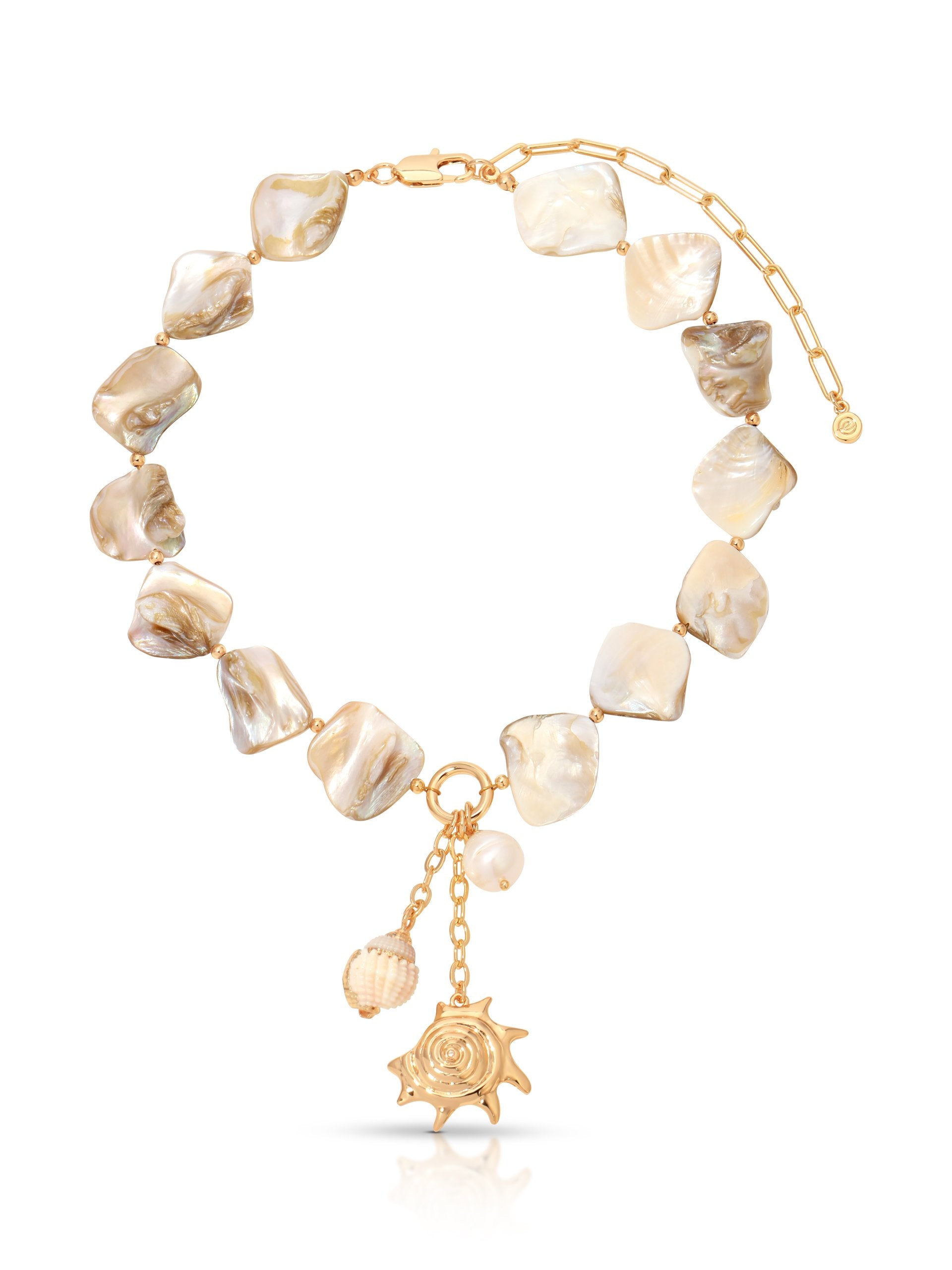 The Ettika True Shell Necklace features irregular square mother-of-pearl beads, accented with 18k gold plated rose, sphere, and freshwater pearl charms in gold. An adjustable extender chain ensures the perfect fit.