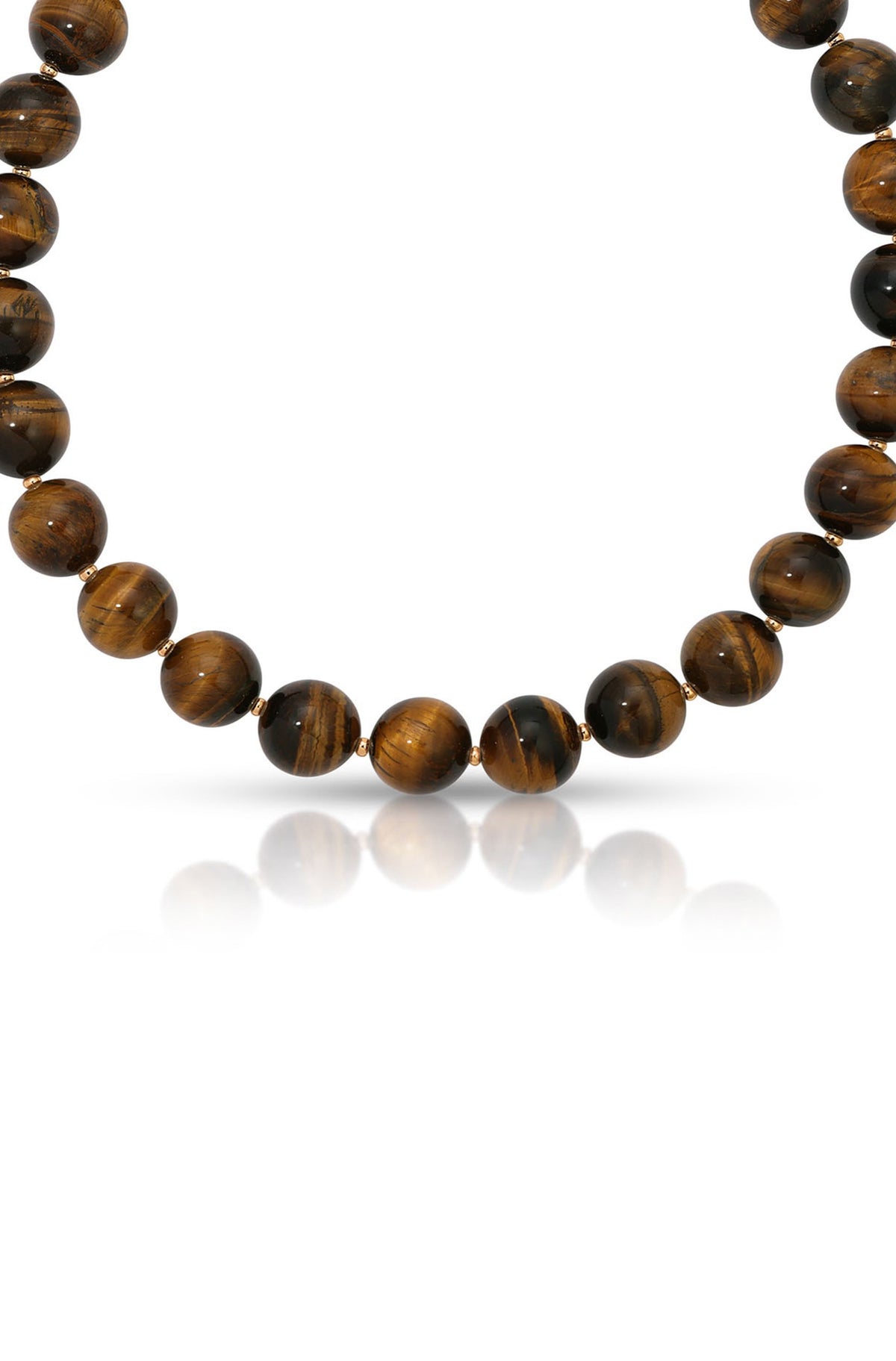 Brown and gold striped spherical beads strung together with small gold spacers forming a closed necklace.