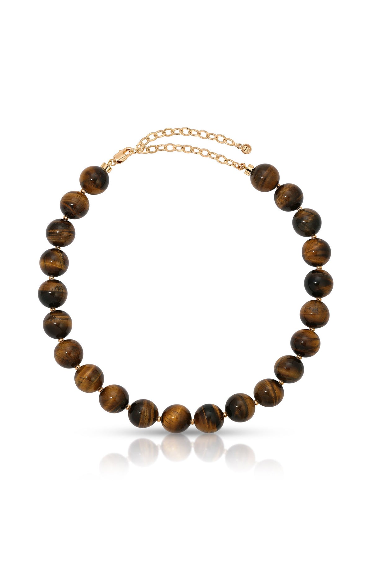 Chunky beaded necklace with brown and gold striped tiger's eye stones connected by a gold-tone chain.