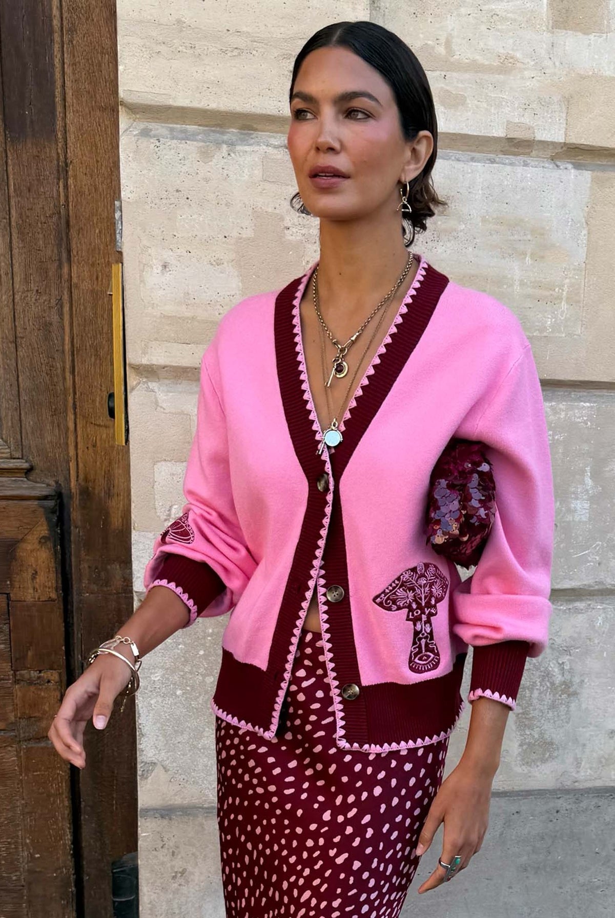 Pink Cardigan With Mushroom Embroidery