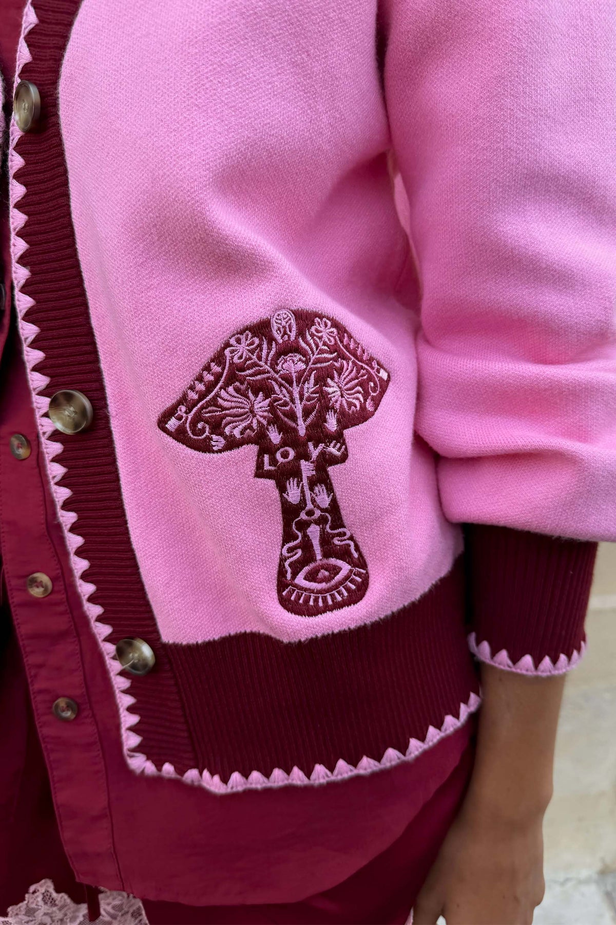 Pink Cardigan With Mushroom Embroidery