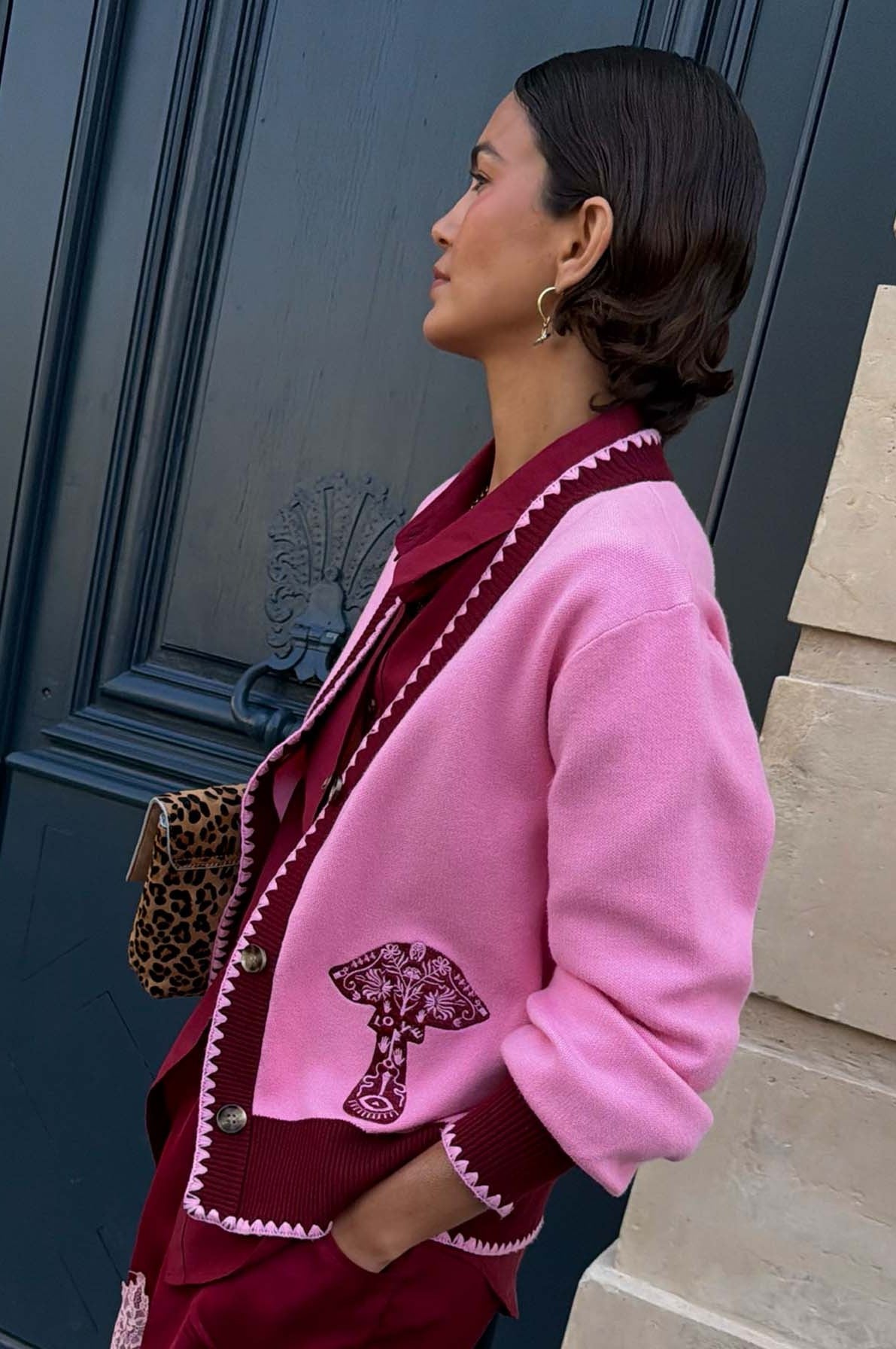 Pink Cardigan With Mushroom Embroidery