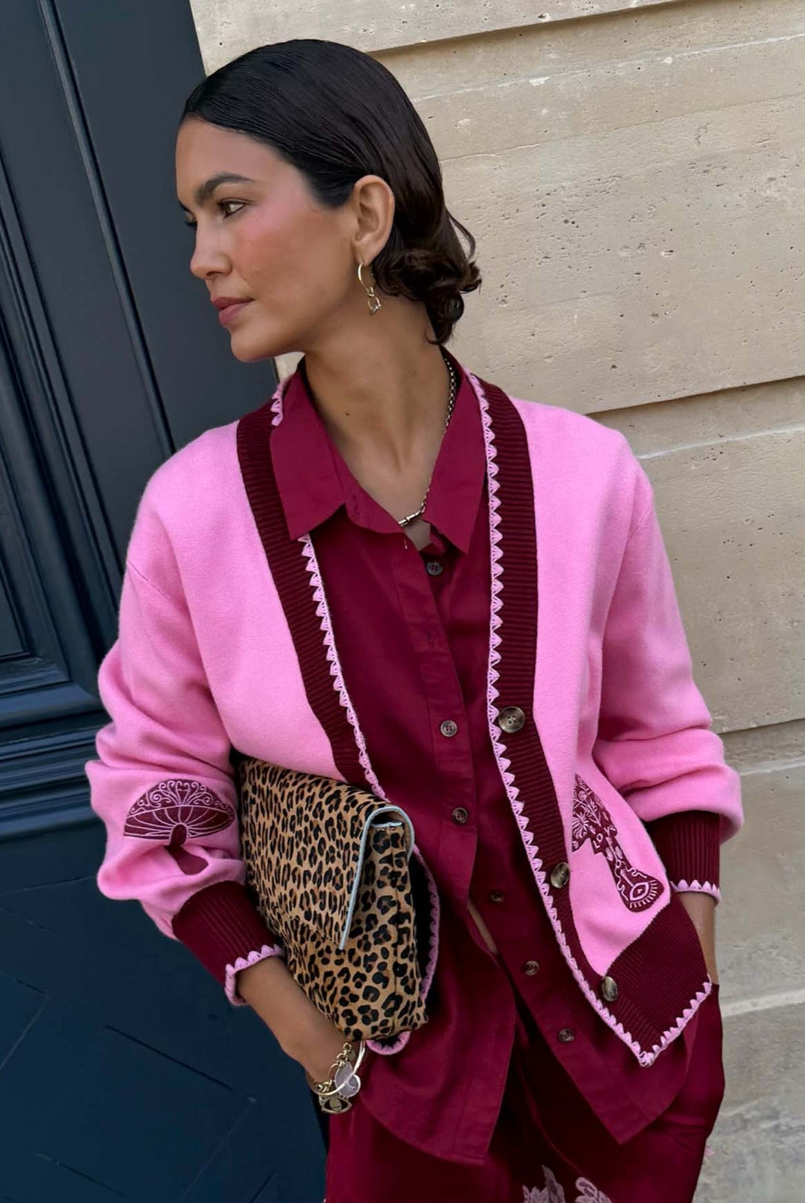 Pink Cardigan With Mushroom Embroidery