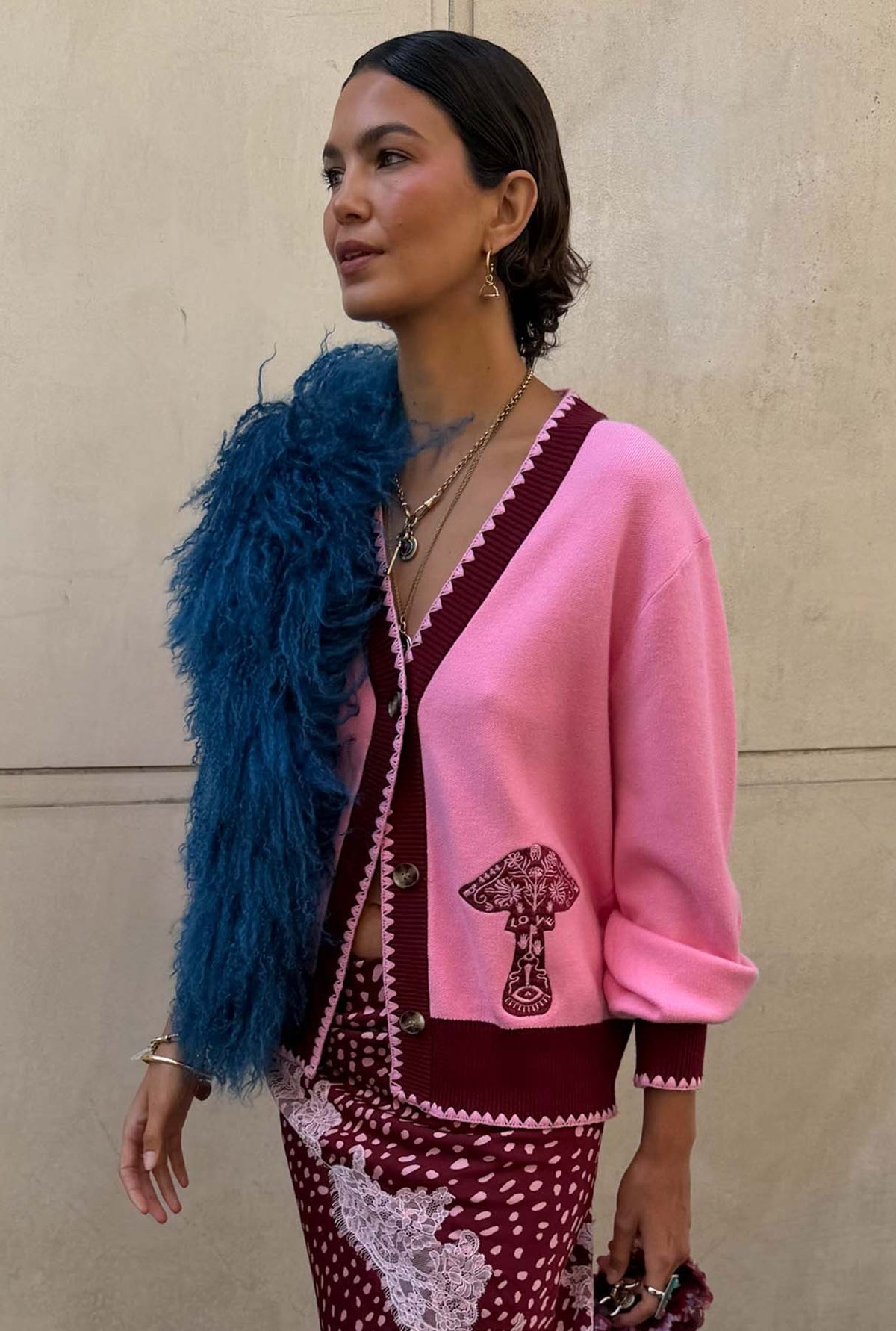Pink Cardigan With Mushroom Embroidery