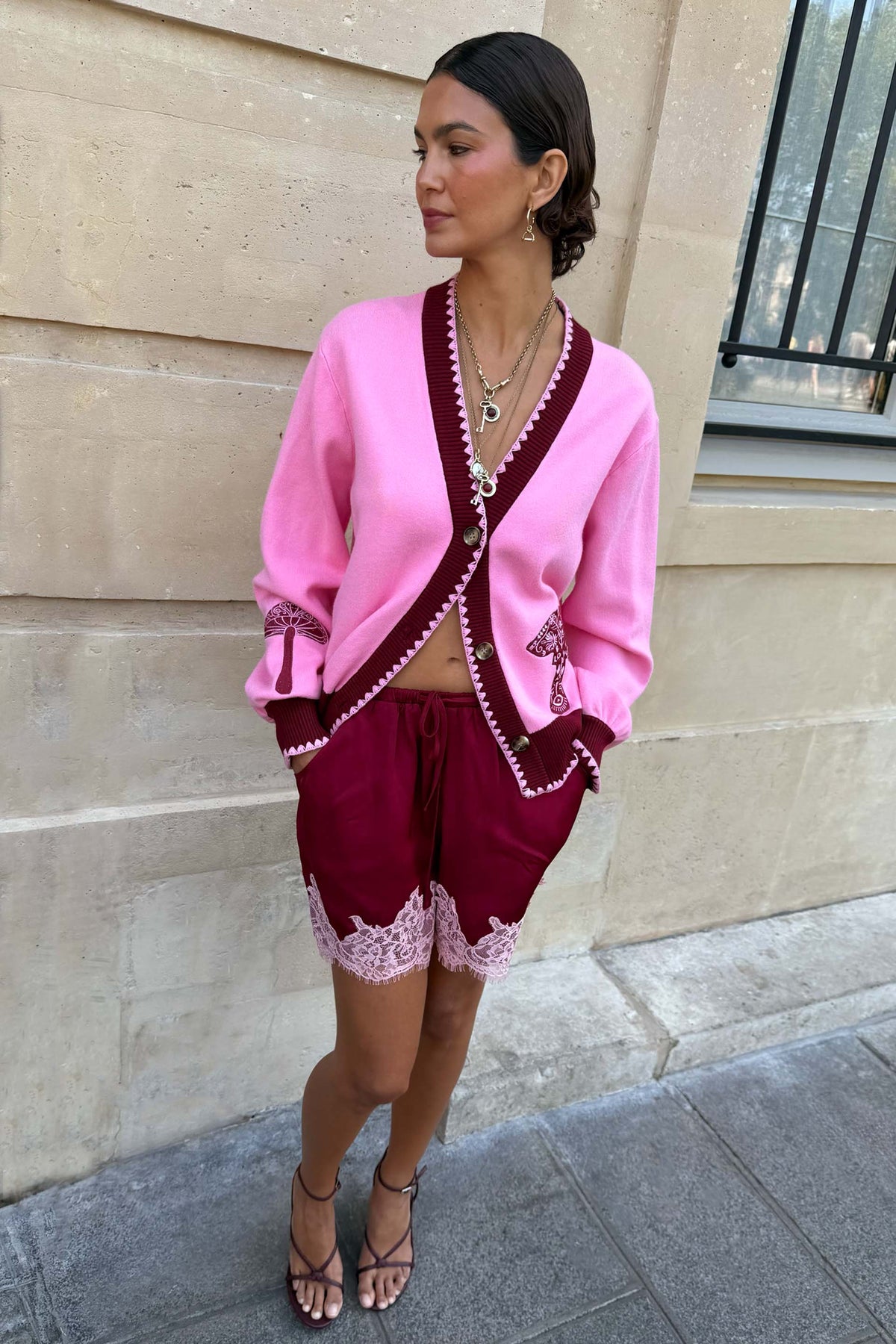 Pink Cardigan With Mushroom Embroidery
