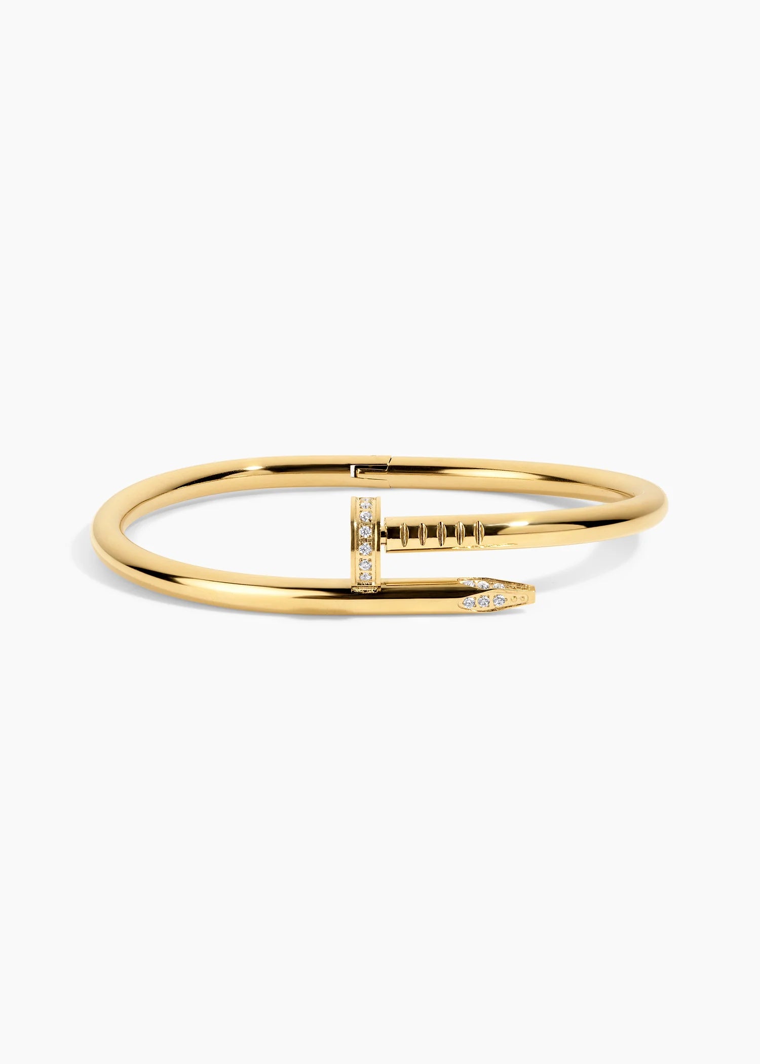 The Electric Picks Nailed It Bracelet features a 4mm thick, gold-plated design inspired by a bent nail, accented with small diamonds near the head and tip, shown against a plain white background.