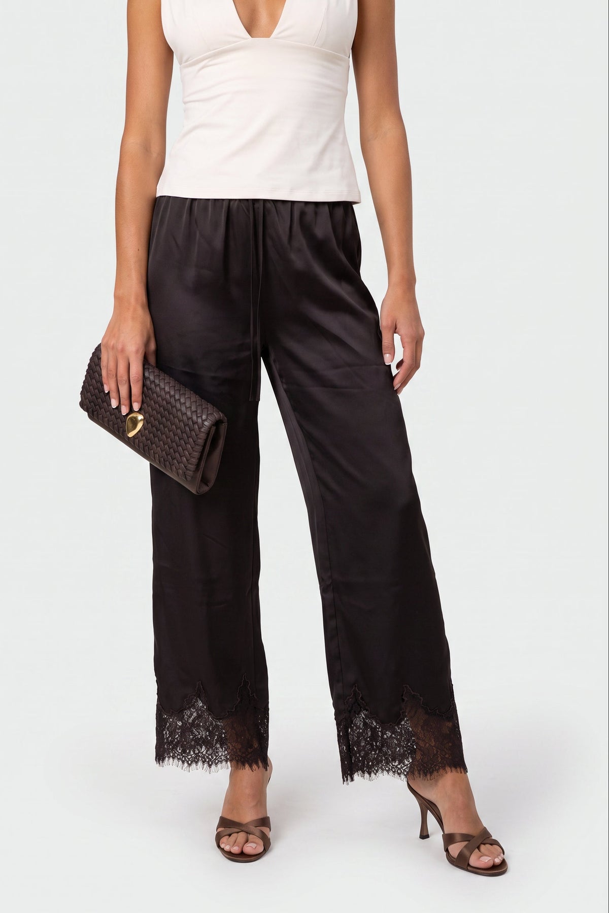Clara Satin Lace Pant In Chocolate Brown