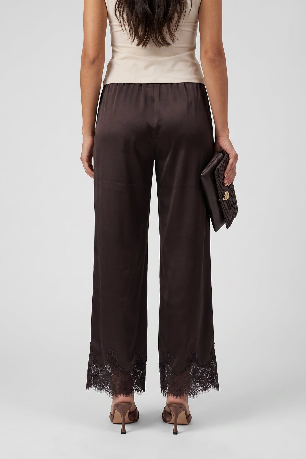 Clara Satin Lace Pant In Chocolate Brown