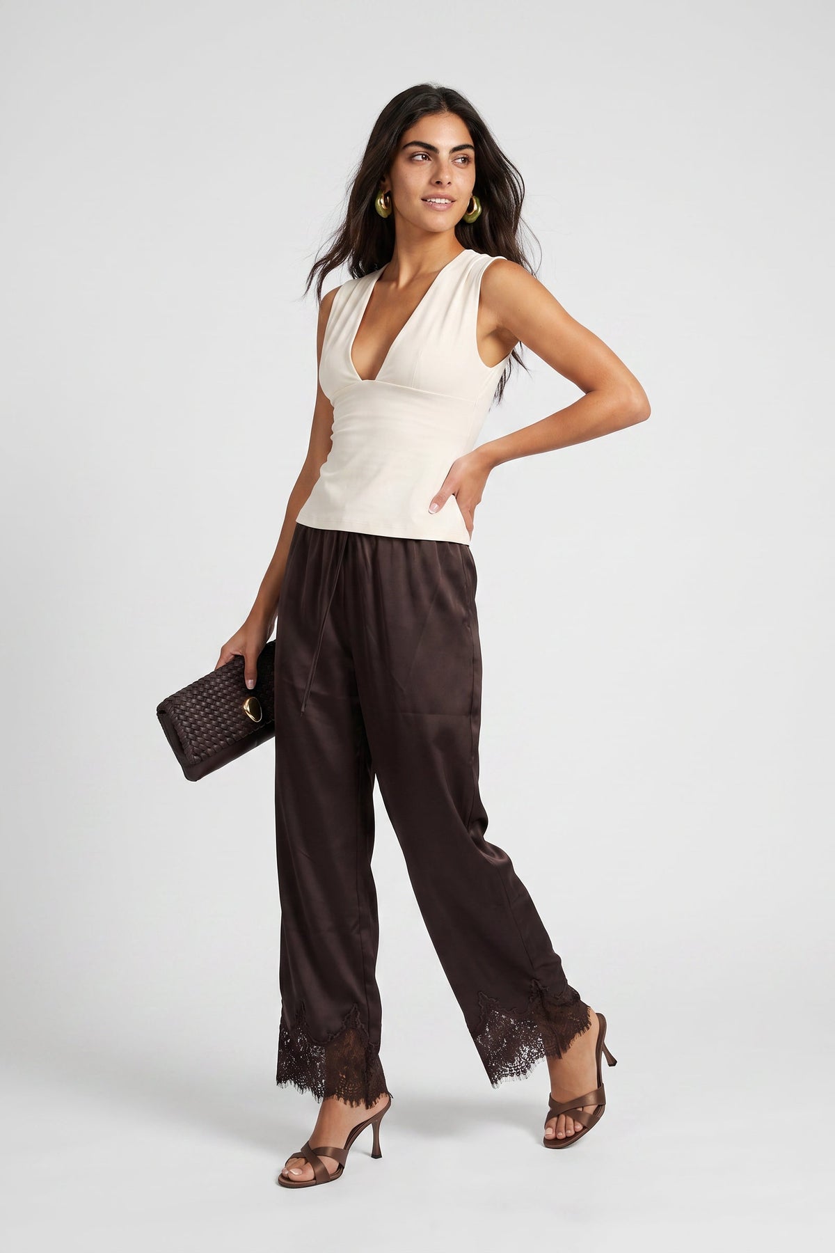 Clara Satin Lace Pant In Chocolate Brown