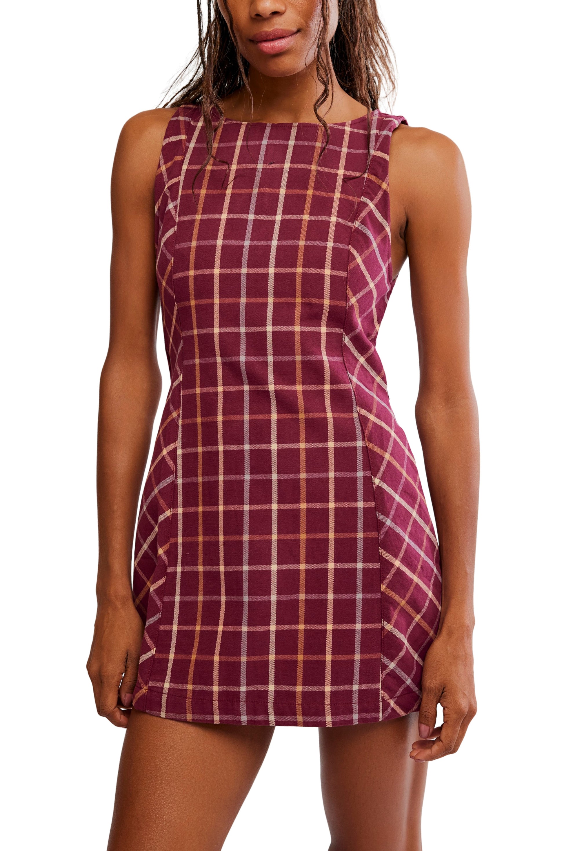 Free People Atlas Plaid Mini Dress in Brown