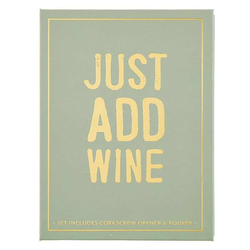 The South Moon Under Just Add Wine Gift Set comes in a green multi box with “JUST ADD WINE” in bold yellow letters, bordered by yellow. Includes a stainless steel corkscrew opener and pourer.