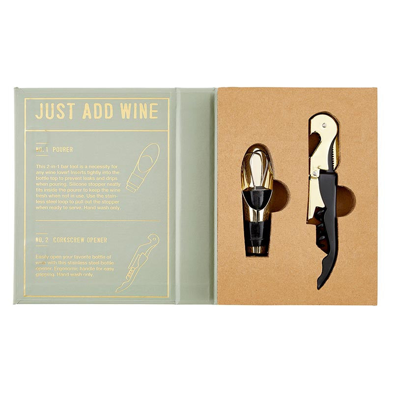 The South Moon Under Just Add Wine Gift Set includes a gold and black stainless steel pourer, corkscrew opener, and instructions labeled “Just Add Wine,” all neatly packed in a gift box with custom cardboard cutouts.