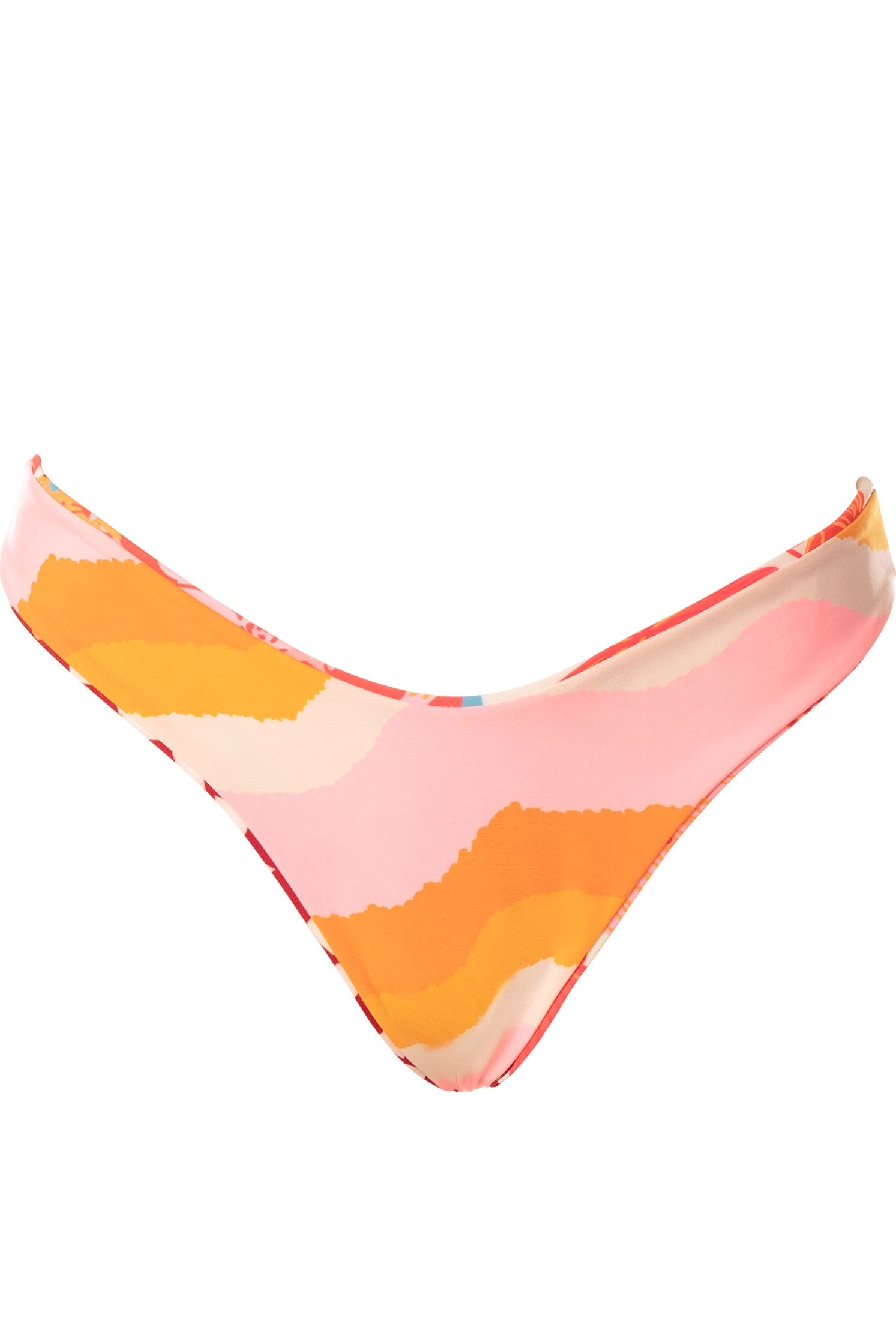 The Maaji Cosmic Tropic Splendour Bottom is a high-cut, pull-on reversible bikini bottom featuring a vibrant wavy pattern in pink, orange, peach, and cream for stylish full coverage.