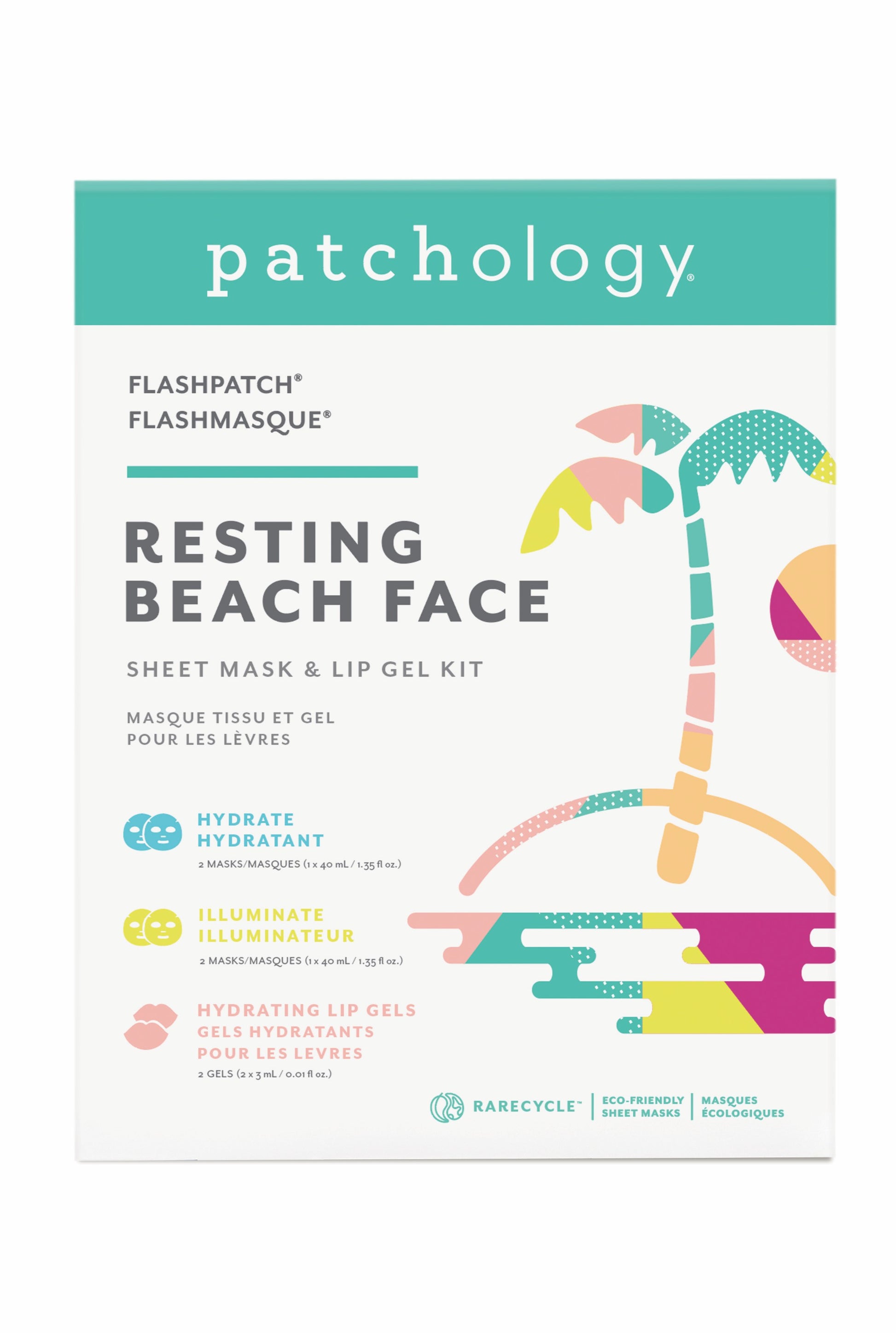 The Patchology Resting Beach Face Kit in White Multi features vibrant abstract graphics and includes a soothing sheet mask plus hydrating lip gels. Text highlights hydration and illumination benefits.