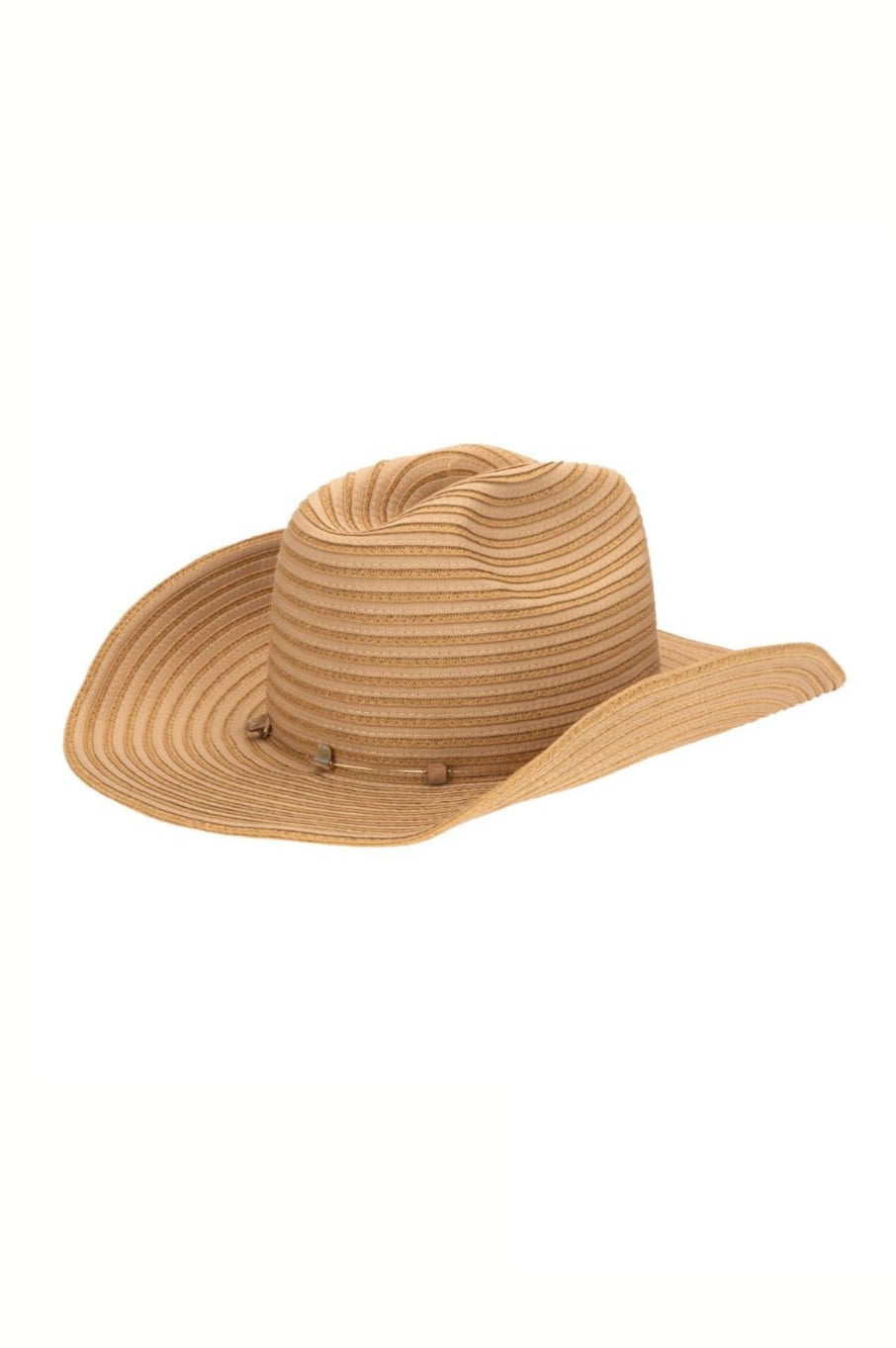 The San Diego Hat Co. Sunny hat is a natural straw, wide-brimmed cowboy style with UPF 50+ protection, a creased crown, and ribbon braid band accents, shown against a plain white background.
