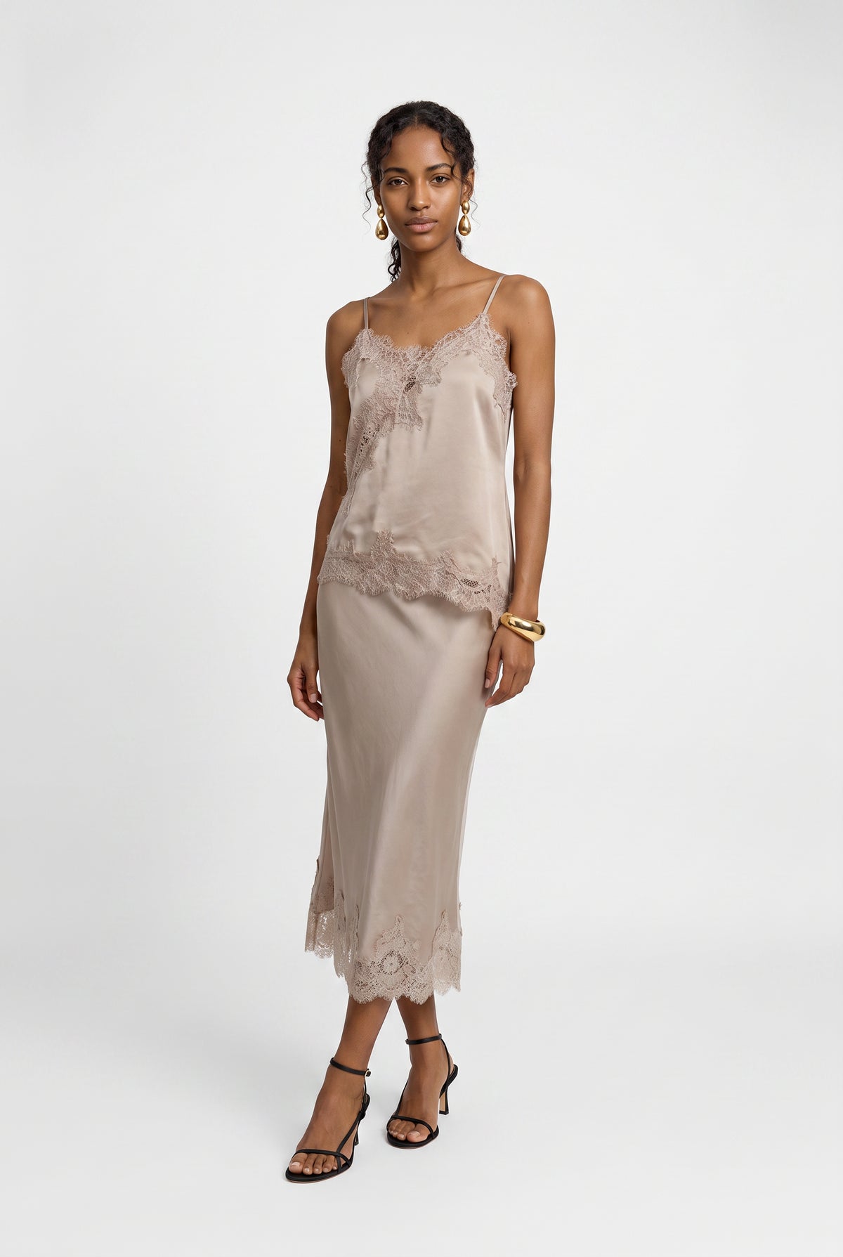 Remi Asym Lace And Satin Cami In Champagne
