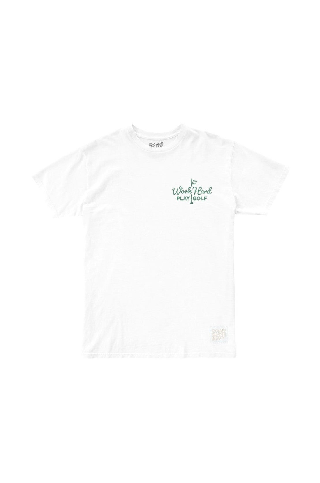 The Original Retro Brand Work Hard Play Golf white short-sleeve tee features a small green logo and flag graphic on the left chest, a tagless collar for comfort, and is displayed on a plain white background.