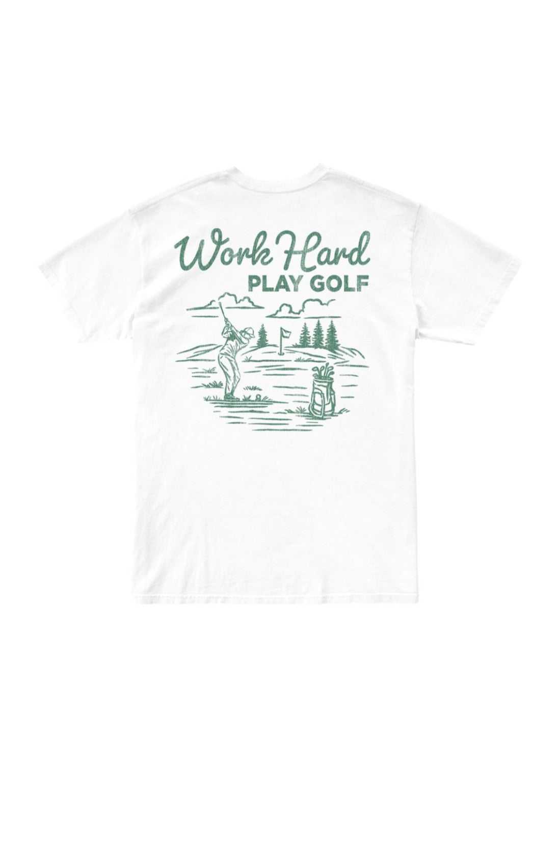 The Original Retro Brand's Work Hard Play Golf tee features a green golf-swing illustration, “Work Hard PLAY GOLF” text, scenic trees and mountains on the back, and a comfy tagless collar for all-day wear.