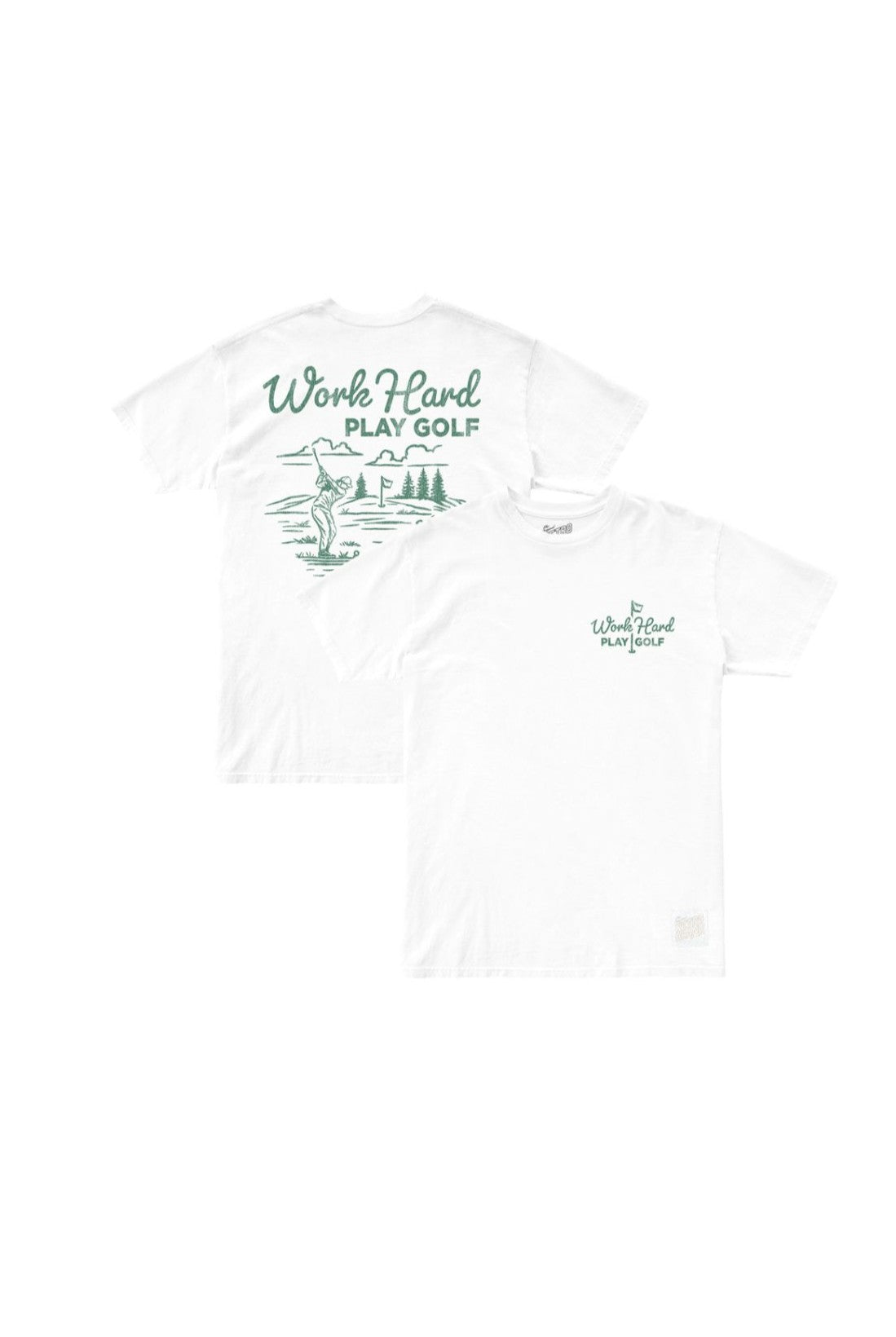 Two white, super soft Original Retro Brand t-shirts feature the “Work Hard Play Golf” slogan in green. The front has chest text; the back shows a cartoon golfing dog with the same slogan and golf course.