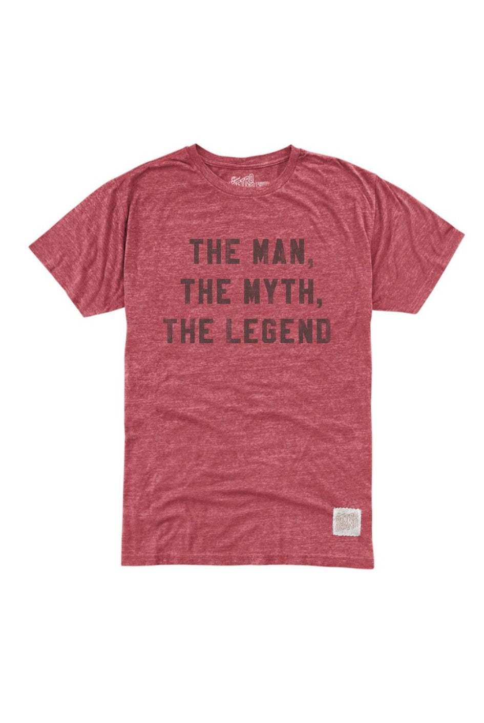 The Original Retro Brand "The Man The Myth The Legend" Tri-Blend Tee in STREAKY DARK RED features short sleeves and bold black lettering across the front.