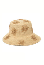 The San Diego Hat Co. Sol Flower Bucket Hat in tan features starburst patterns, delivers stylish sun protection with UPF 50+, and is displayed on a plain white background.