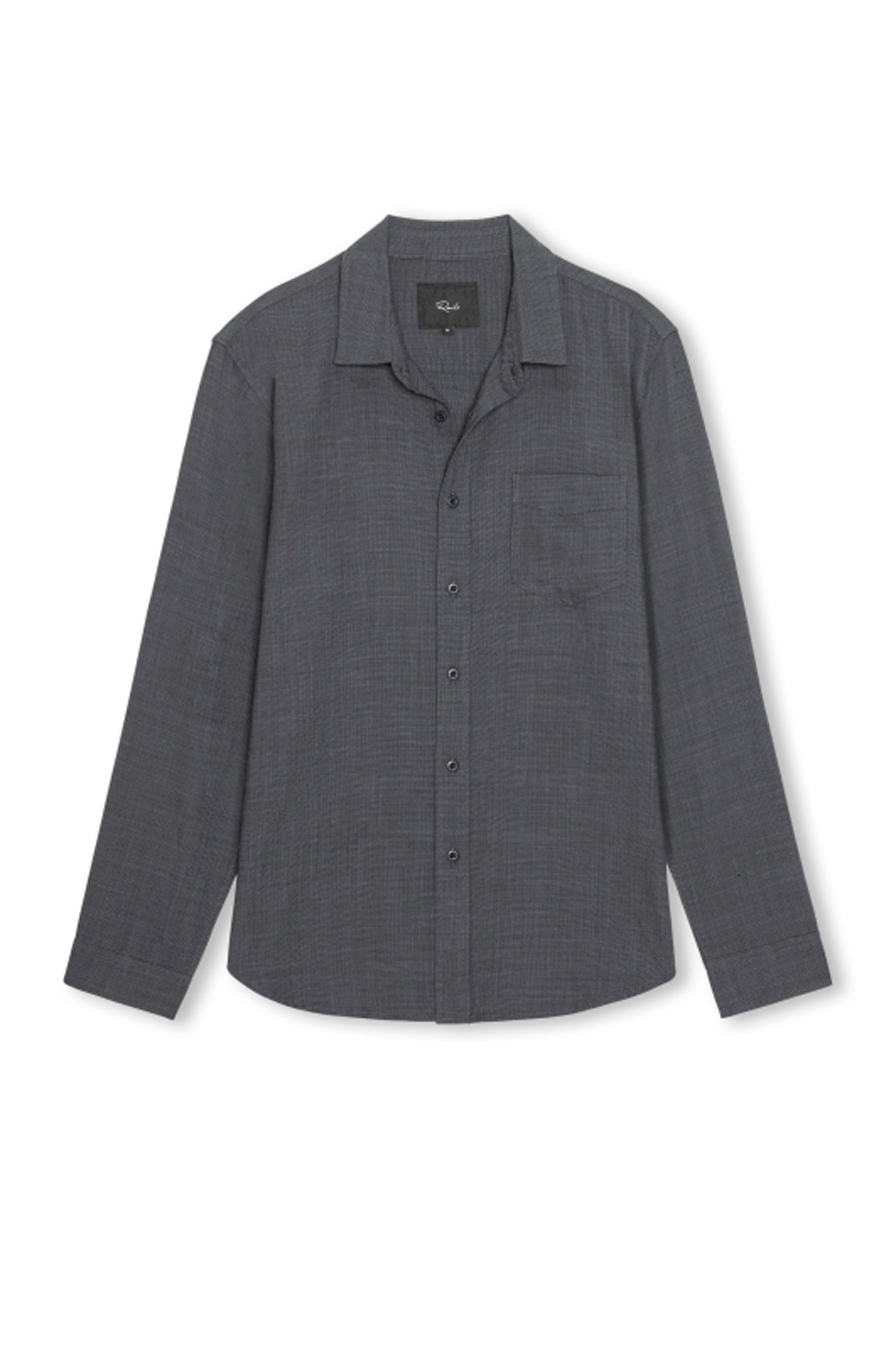 A Rails Wyatt Long Sleeve Button Down shirt in dark gray, featuring a single chest pocket, is laid flat on a white background.