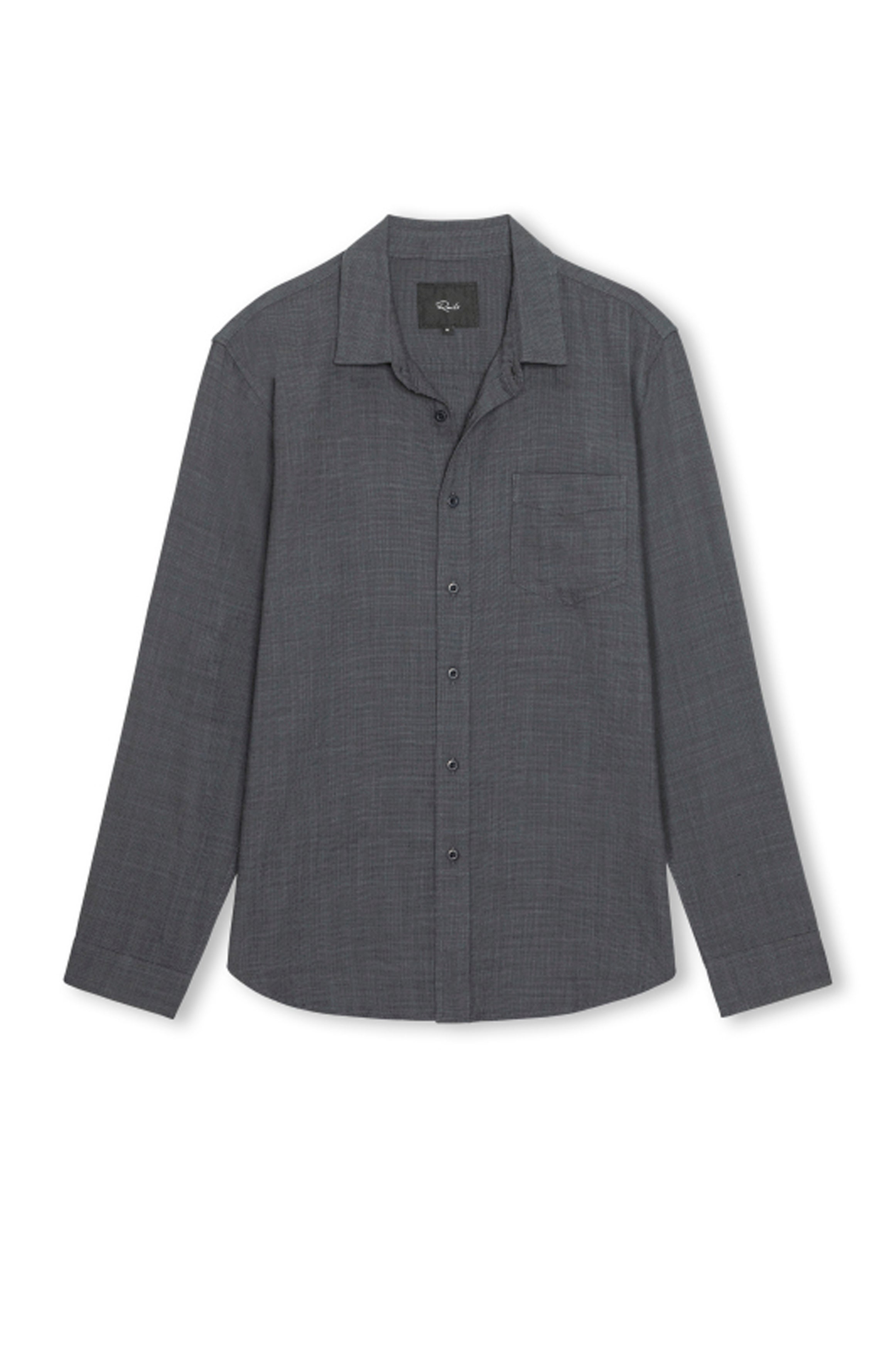 A Rails Wyatt Long Sleeve Button Down shirt in dark gray, featuring a single chest pocket, is laid flat on a white background.