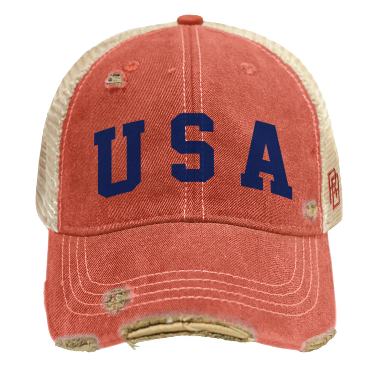 The USA Hat by Original Retro Brand is a red cotton-polyester baseball cap with bold blue USA letters, distressed details, and frayed edges for vintage flair. One size fits most. RB889-RTF5486H.
