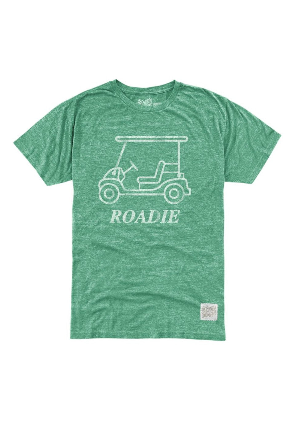 The Roadie Tee In Streaky Sprite by Original Retro Brand is a green tri-blend unisex shirt featuring a white golf cart graphic above bold “ROADIE,” with a casual, heathered texture and a small patch at the hem.