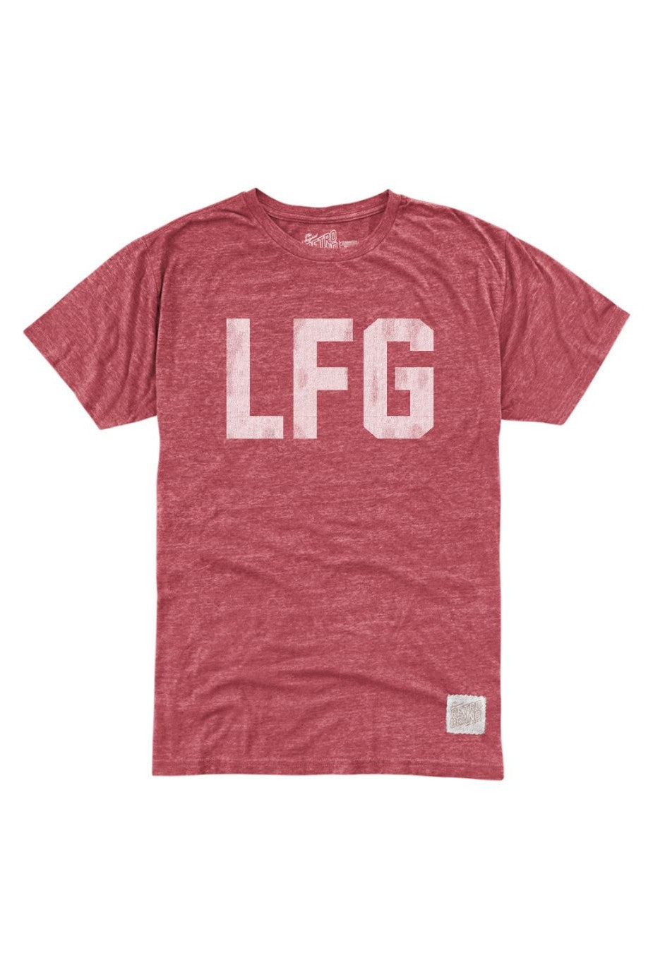 The Original Retro Brand LFG tee in streaky dark red features bold white LFG letters on the front, a tagless collar for comfort, and a small sewn patch by the bottom hem.