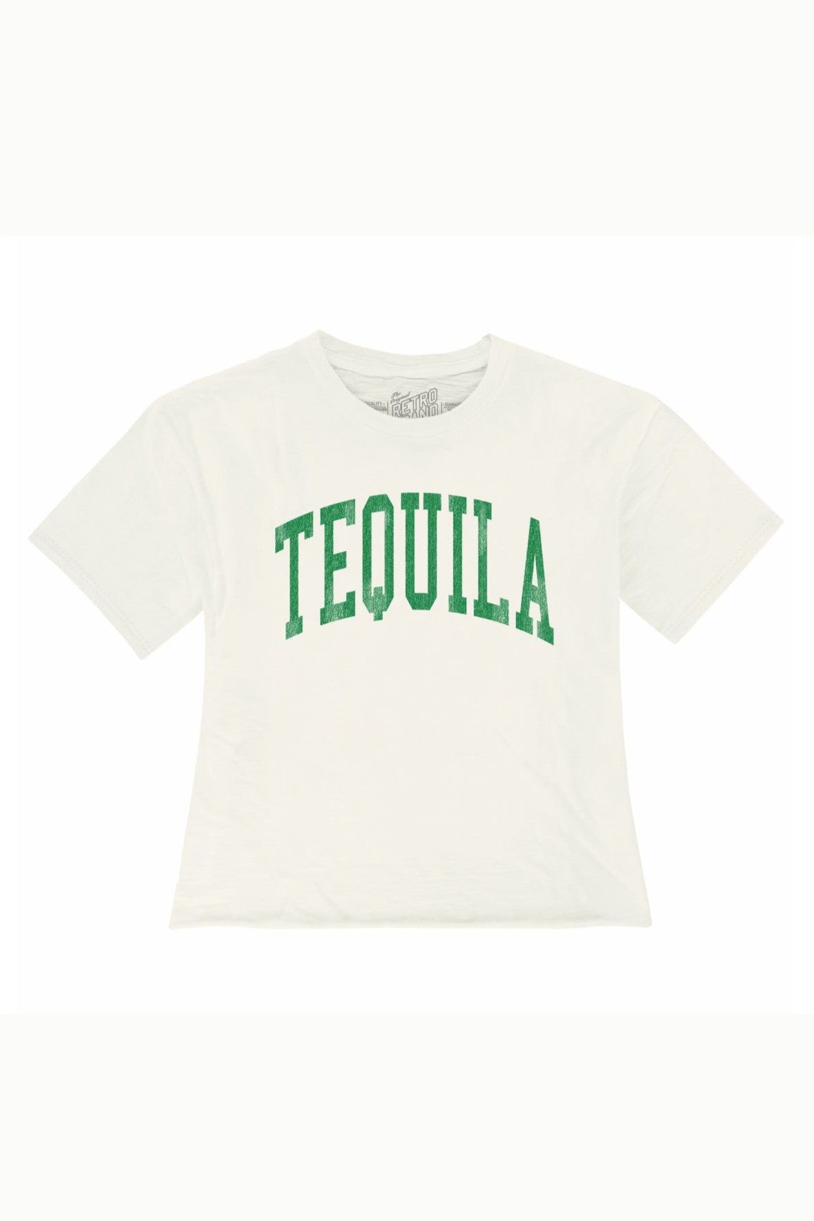 The Tequila Tee by Original Retro Brand features "TEQUILA" in bold green capital letters across the chest on a vintage white background, crafted from a soft polyester-cotton blend for comfort and designed with a tagless collar for an irritation-free fit.