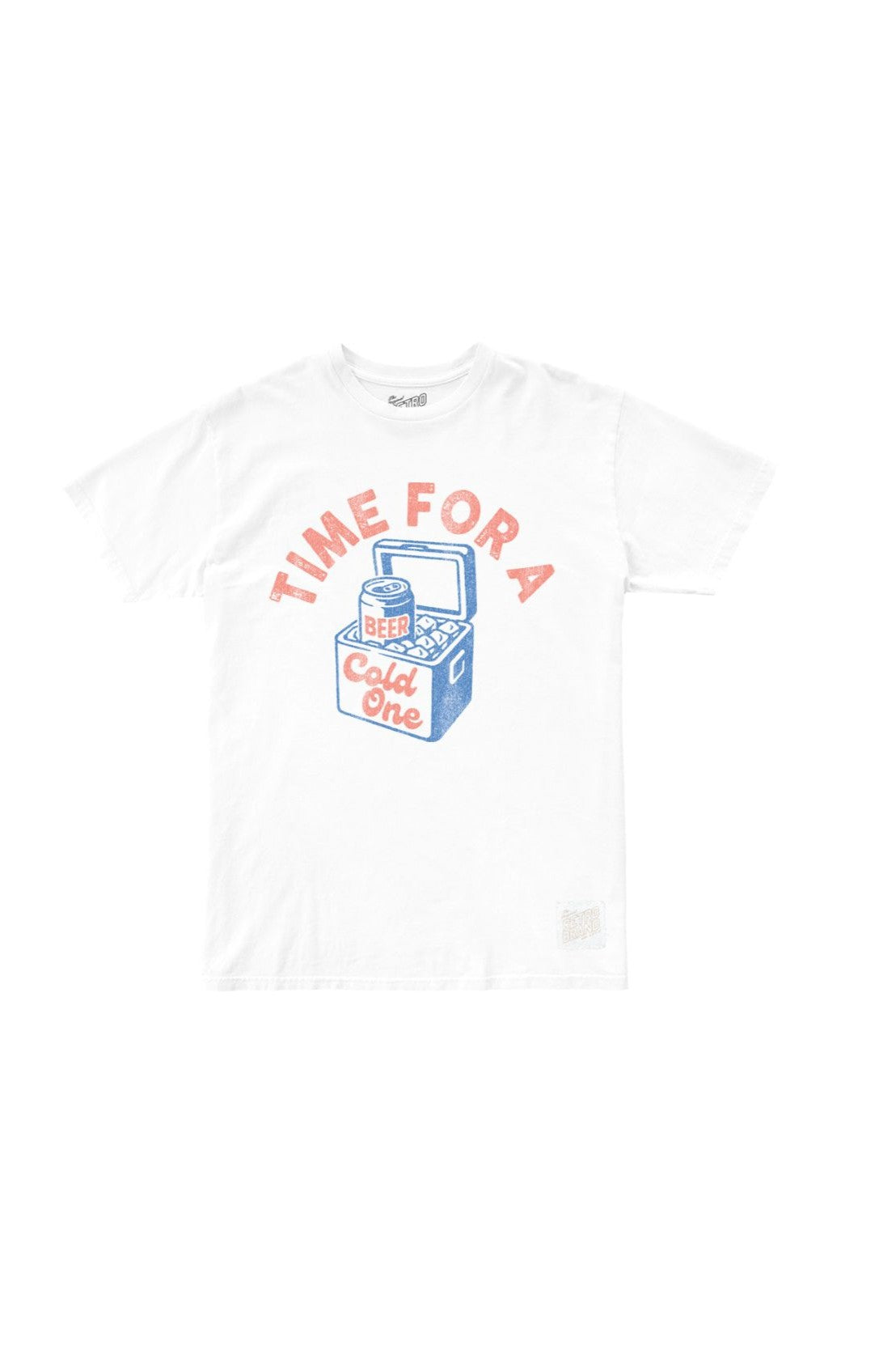 The Time For A Cold One tee by Original Retro Brand is a white tri-blend with a red and blue cooler graphic and text on the front, offering a trim fit and tagless collar for all-day comfort.