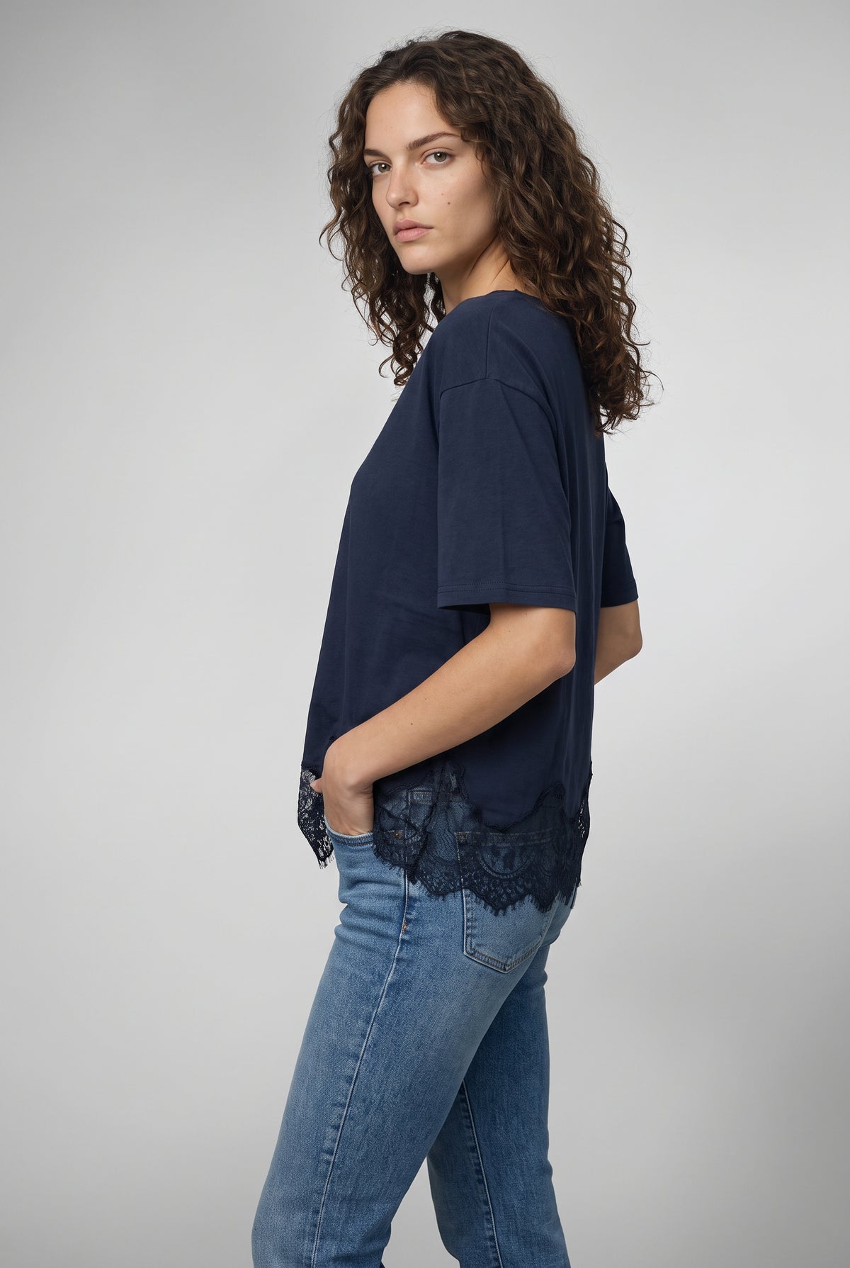 Jane Lace Trim Short Sleeve Tee In Navy