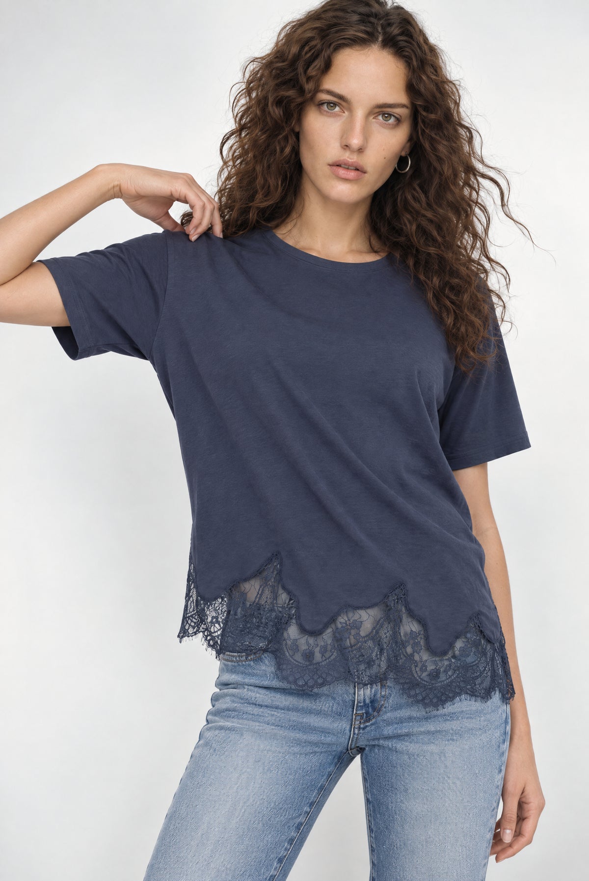 Jane Lace Trim Short Sleeve Tee In Navy