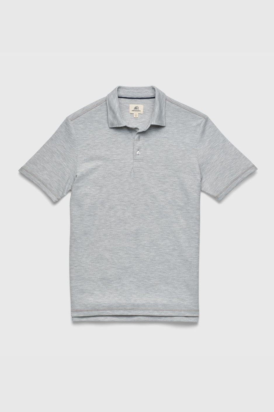 The Ryan Pique Polo by Surfside Supply Co., shown in HEATHER GREY, is a short-sleeve collared shirt with a three-button front, crafted from super soft cotton and laid flat on a white background.